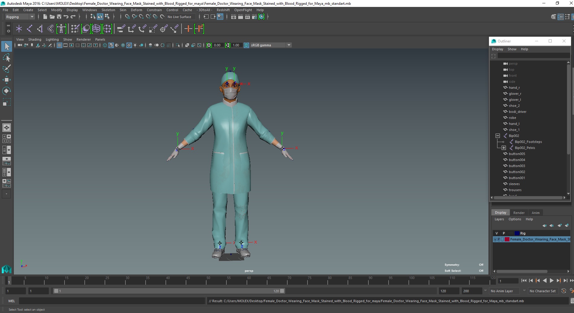3D Female Doctor Wearing Face Mask Stained with Blood Rigged for Maya
