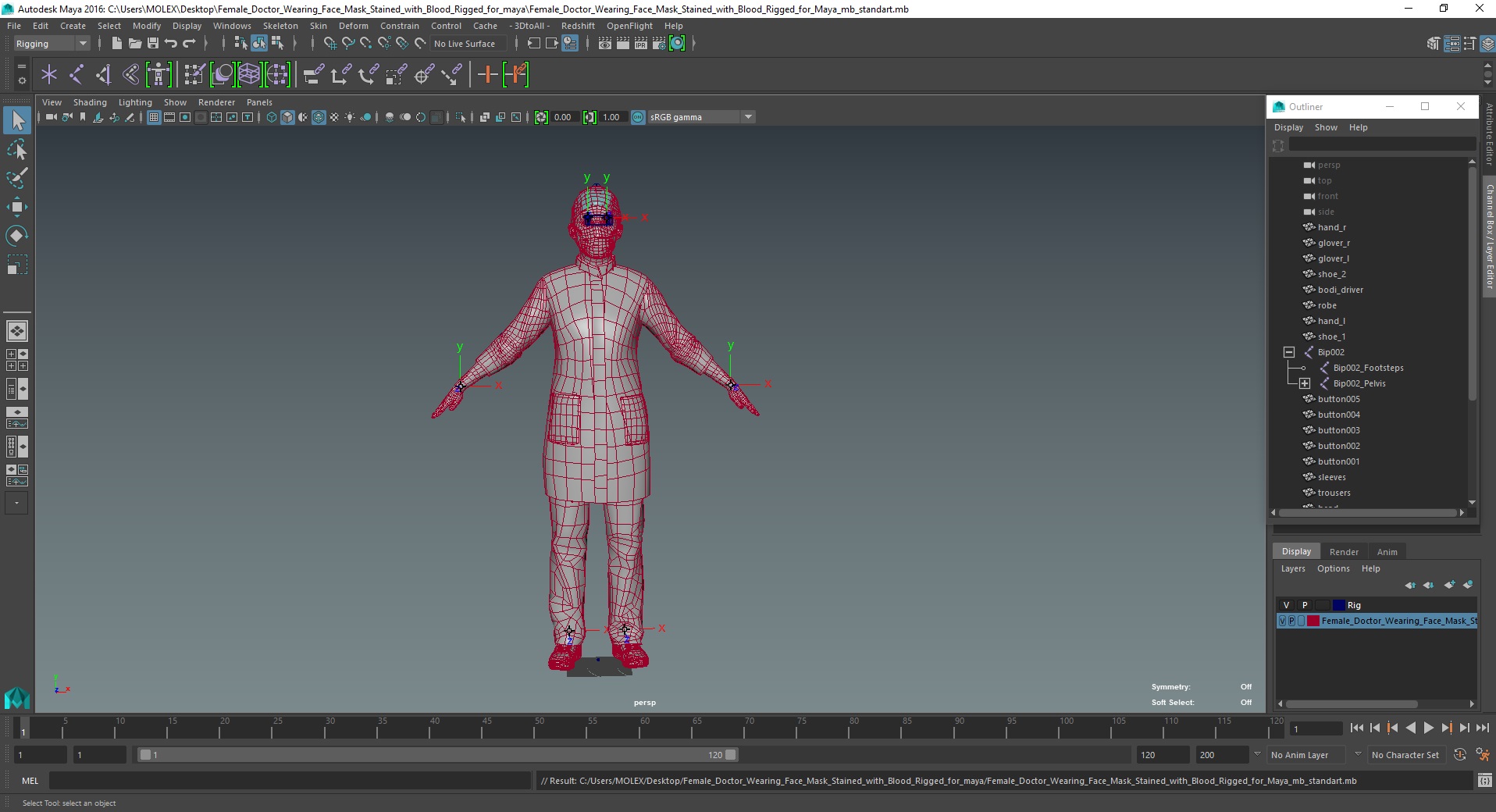 3D Female Doctor Wearing Face Mask Stained with Blood Rigged for Maya