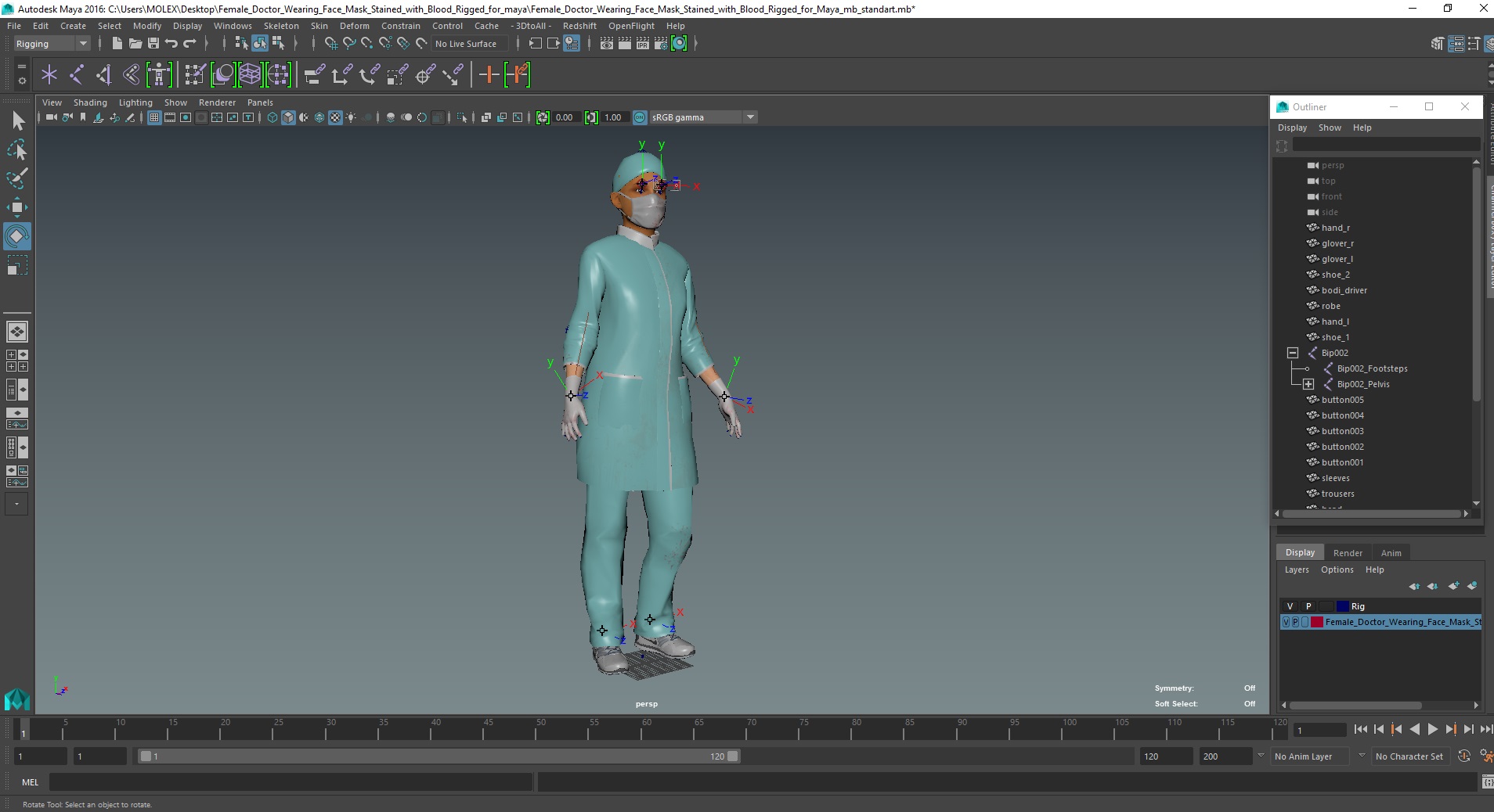 3D Female Doctor Wearing Face Mask Stained with Blood Rigged for Maya