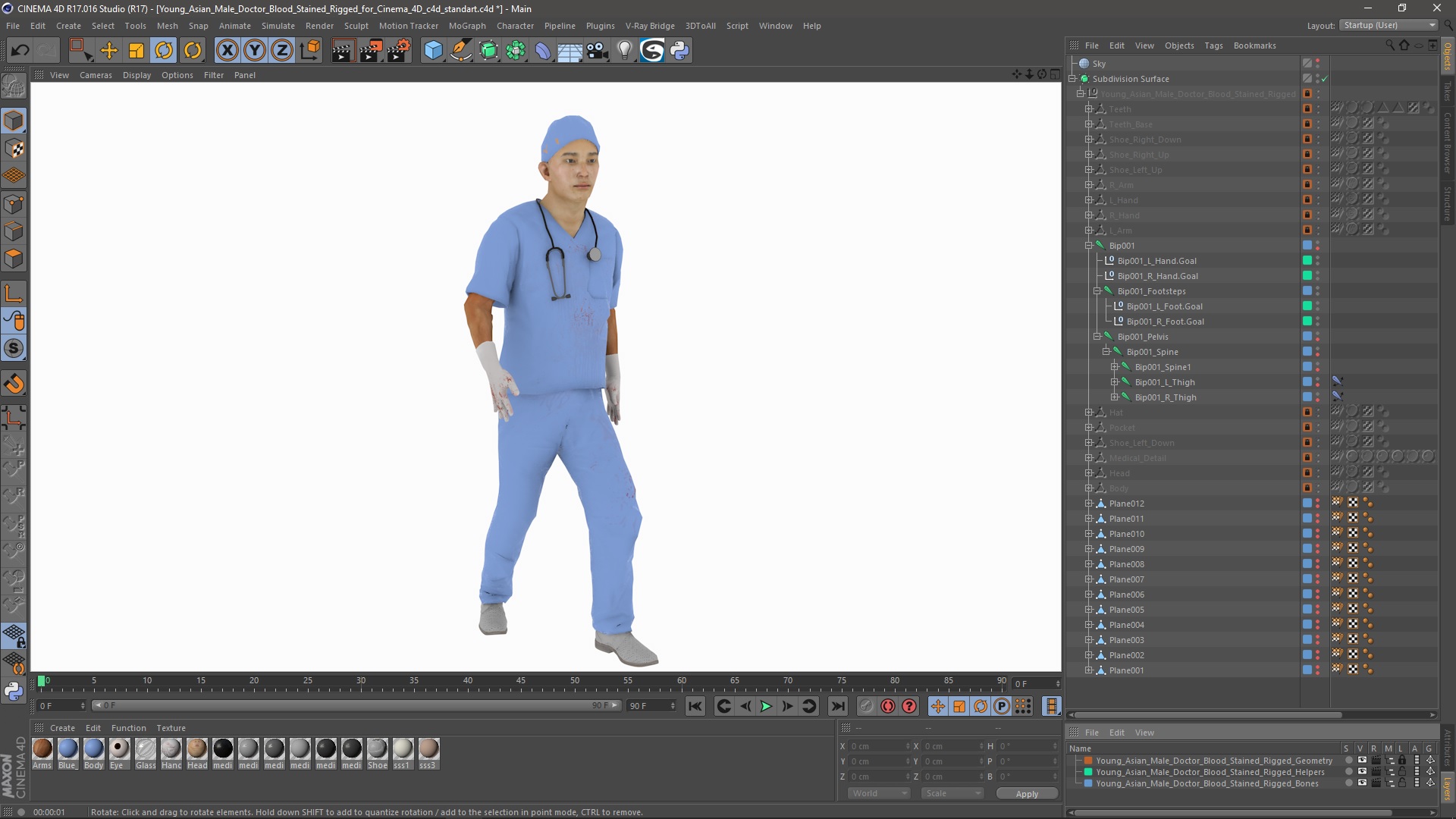 3D Young Asian Male Doctor Blood Stained Rigged for Cinema 4D model