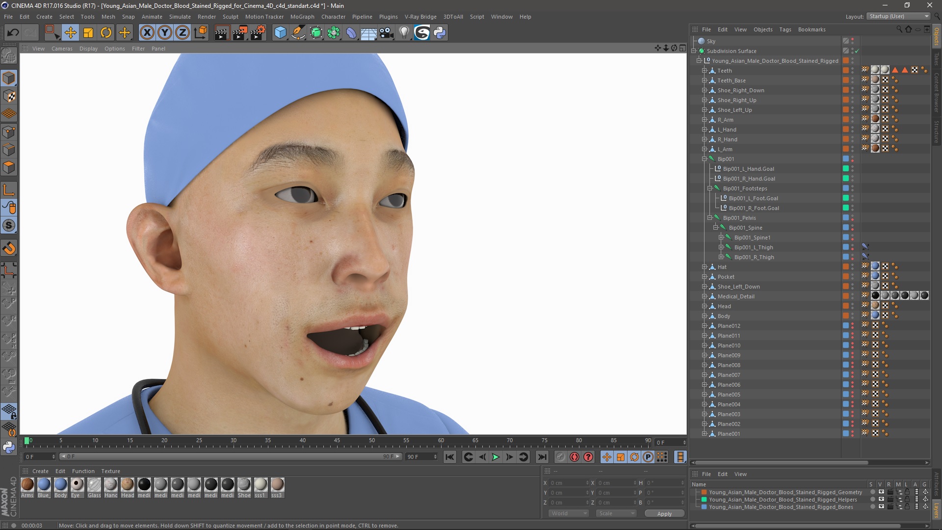 3D Young Asian Male Doctor Blood Stained Rigged for Cinema 4D model
