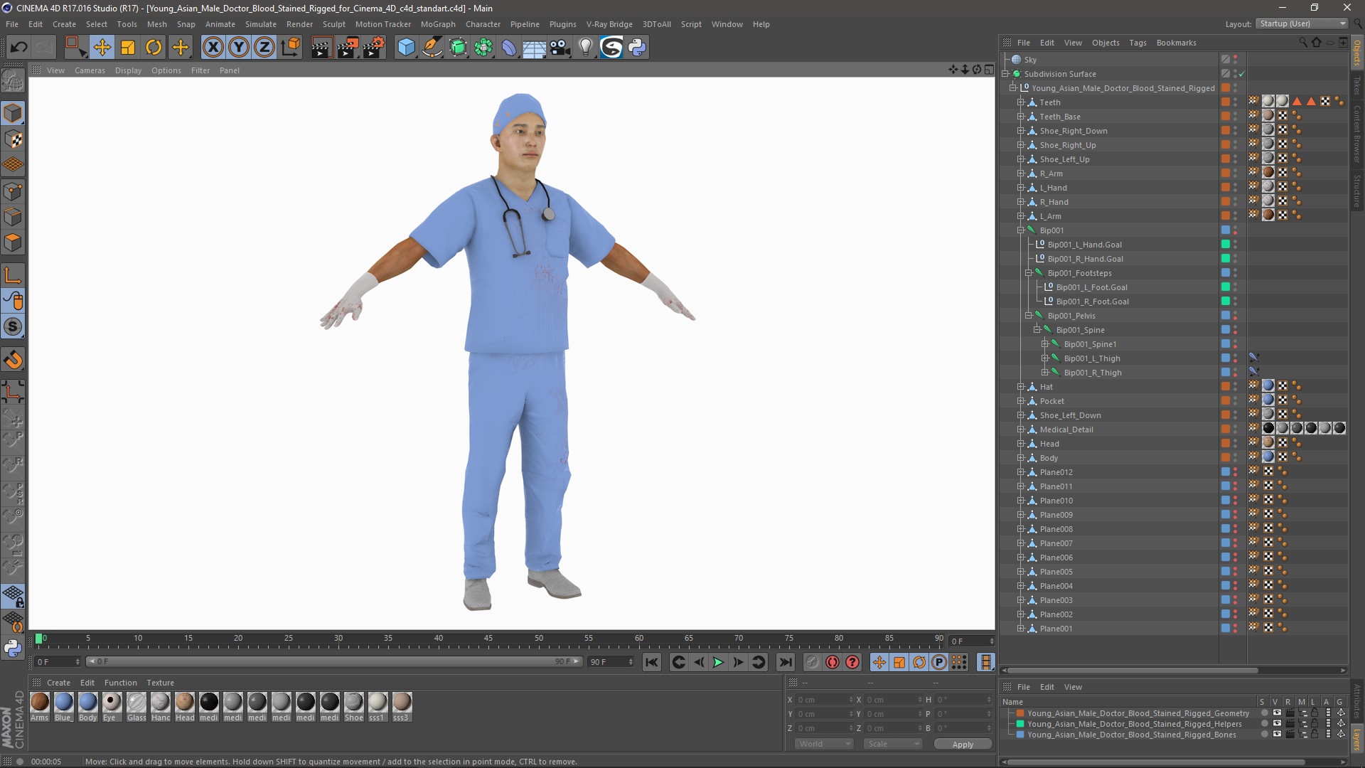 3D Young Asian Male Doctor Blood Stained Rigged for Cinema 4D model