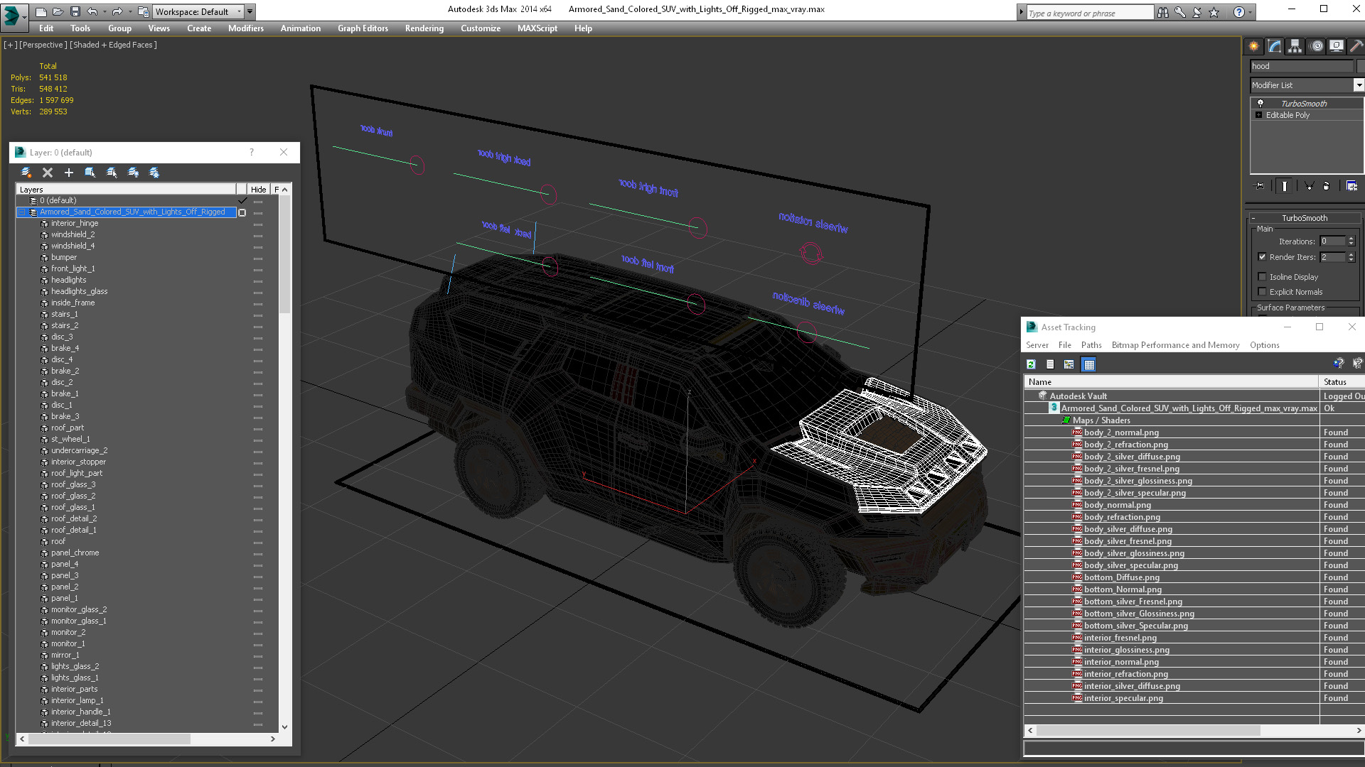 3D Armored Sand Colored SUV with Lights Off Rigged for Maya