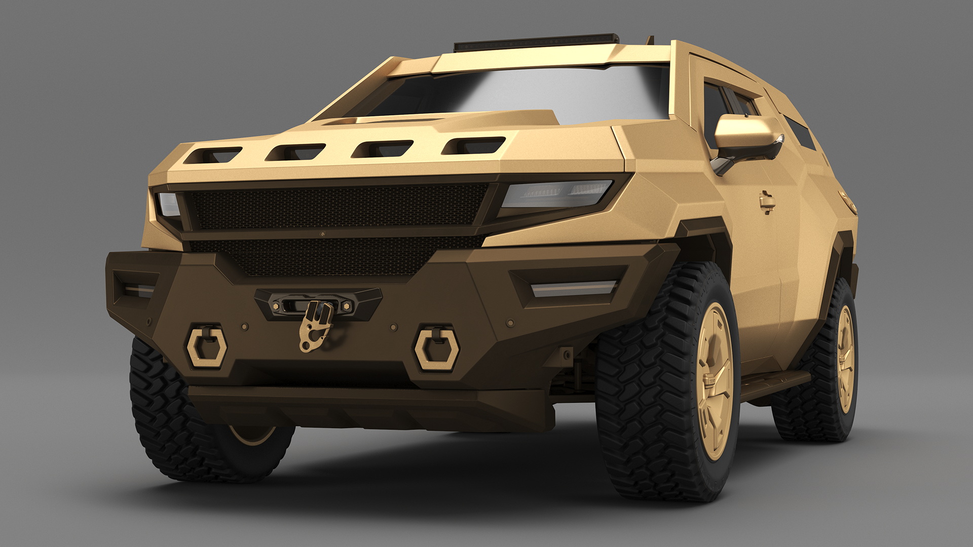 3D Armored Sand Colored SUV with Lights Off Rigged for Maya