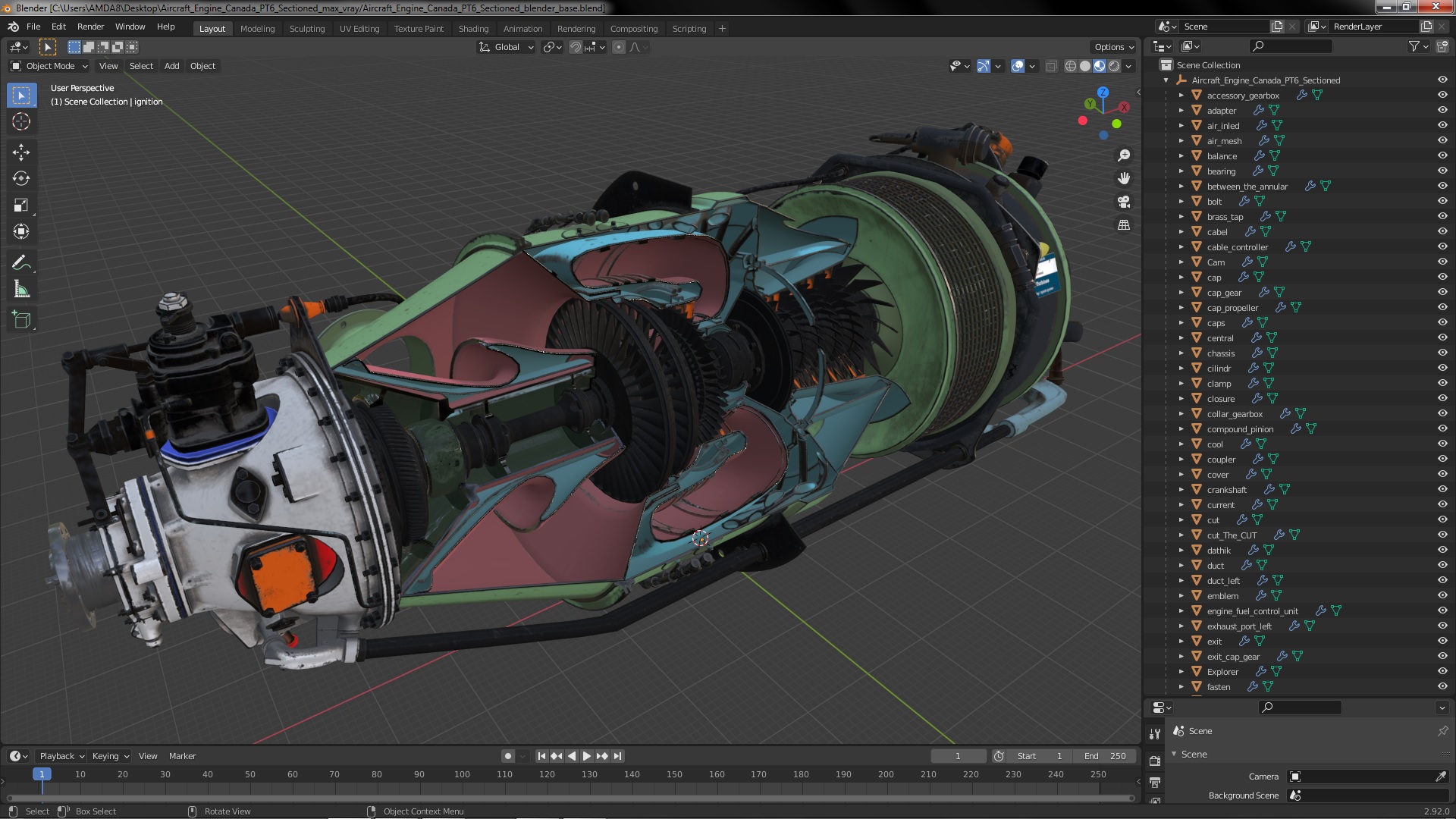 3D Aircraft Engine Canada PT6 Sectioned