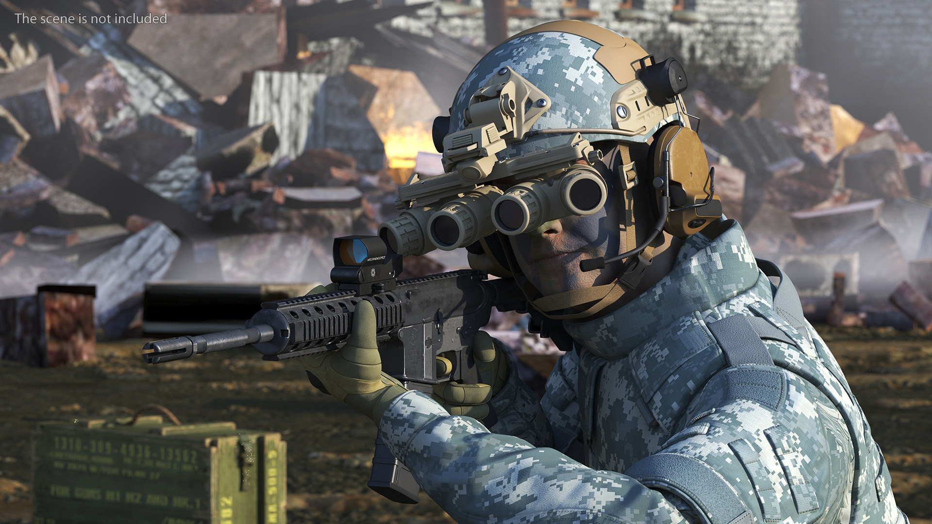 3D model Soldier in Grey Camo with Night Vision Aiming