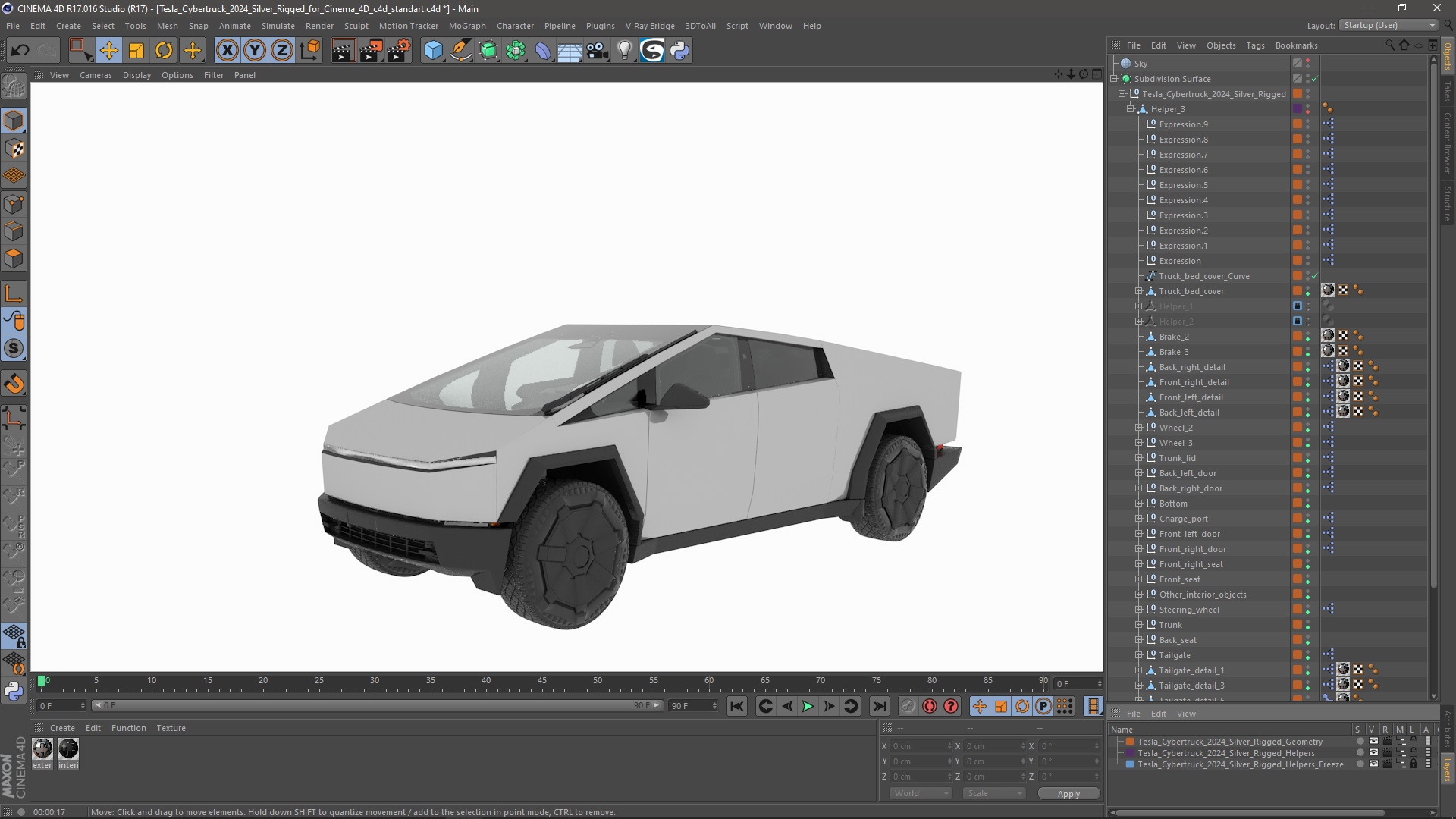 Tesla Cybertruck 2024 Silver Rigged for Cinema 4D 3D model
