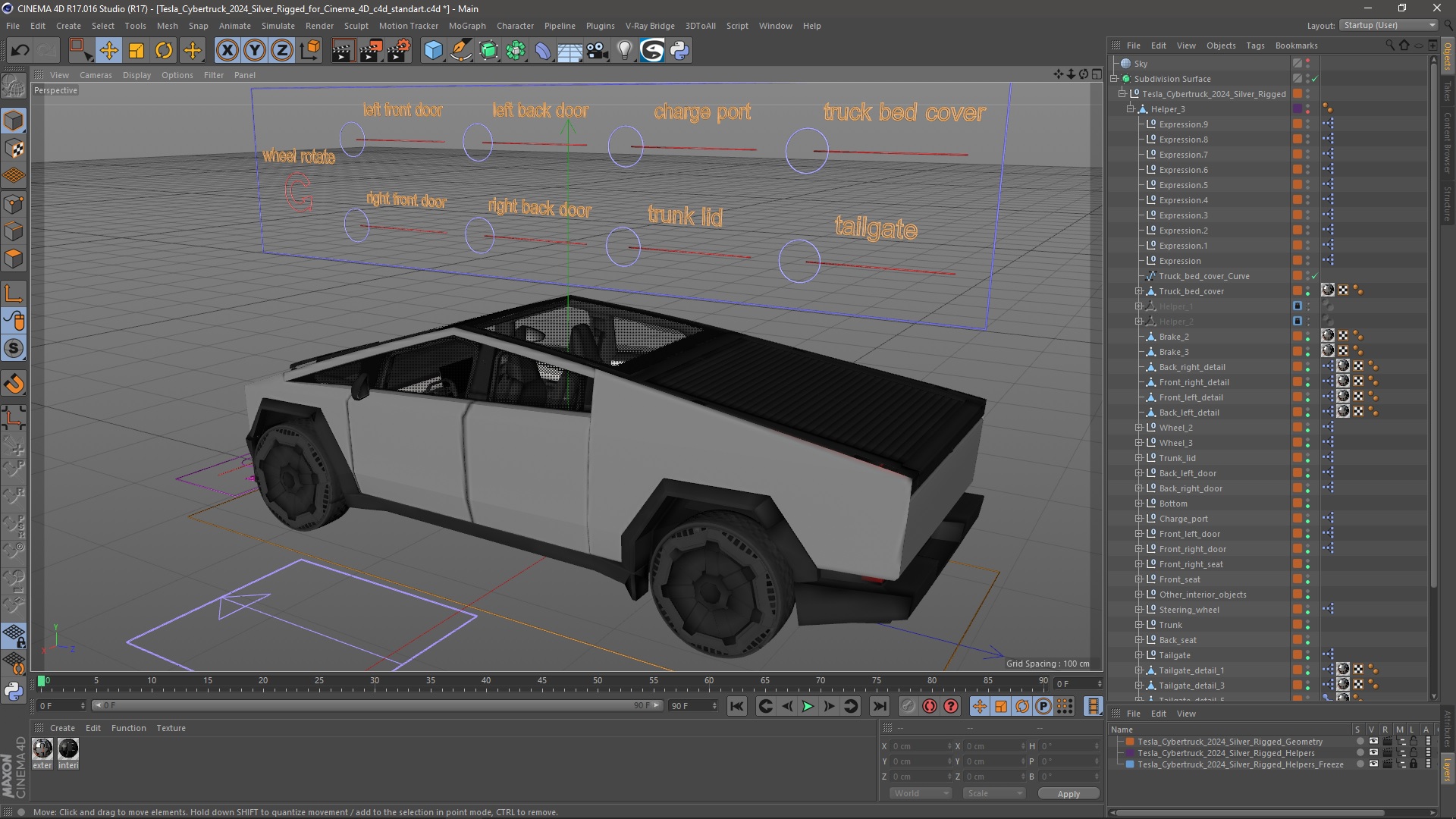 Tesla Cybertruck 2024 Silver Rigged for Cinema 4D 3D model