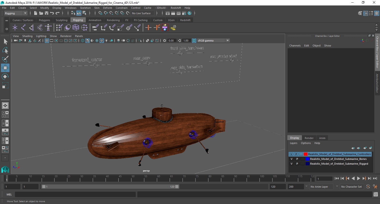 Realistic Model of Drebbel Submarine Rigged for Maya 3D