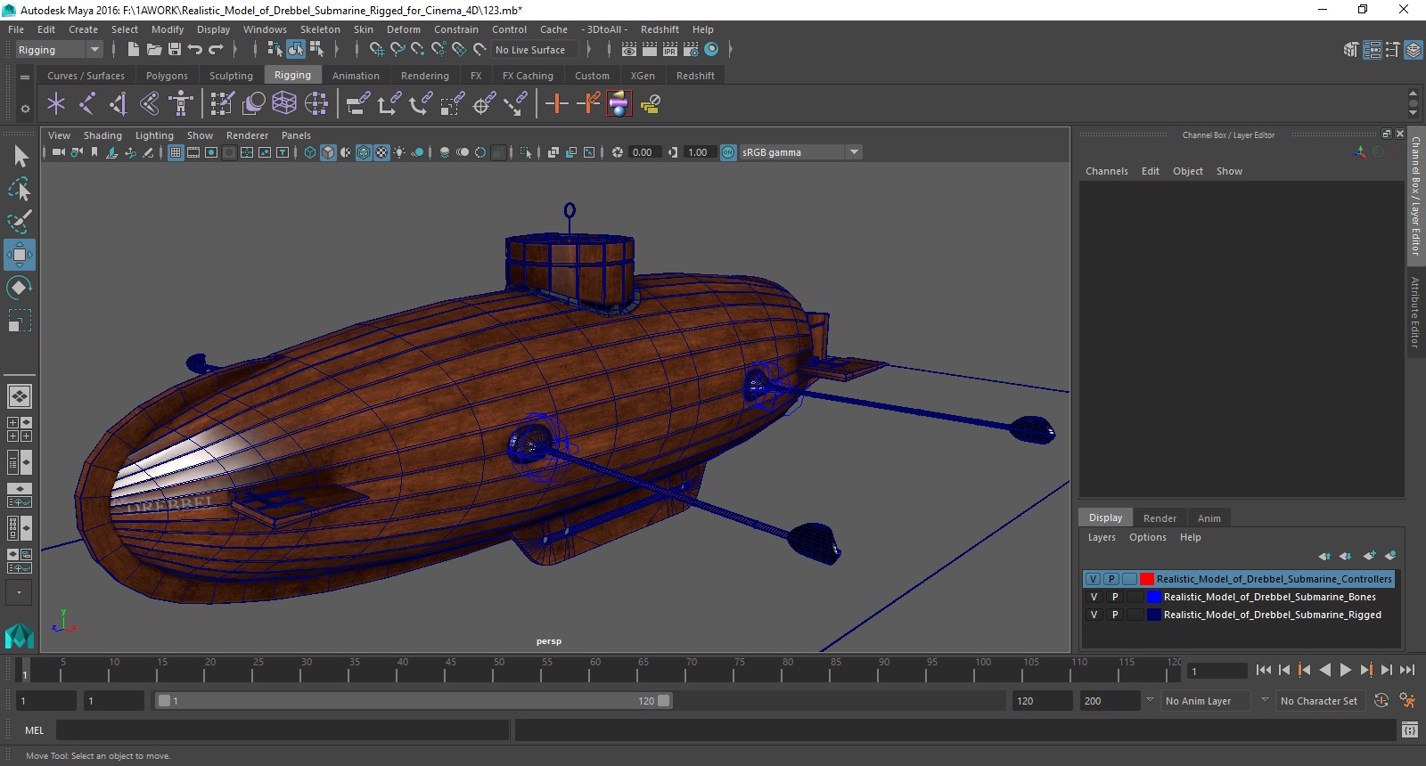 Realistic Model of Drebbel Submarine Rigged for Maya 3D