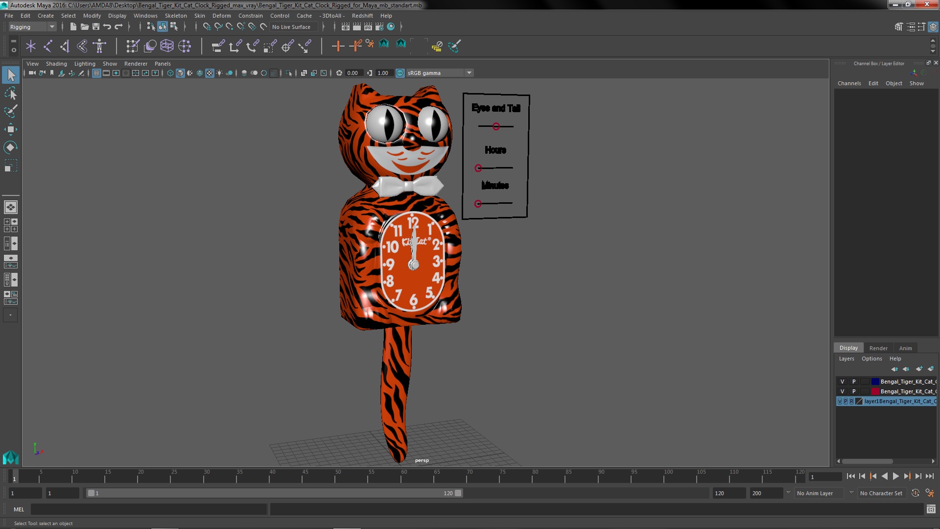 Bengal Tiger Kit Cat Clock Rigged for Maya 3D