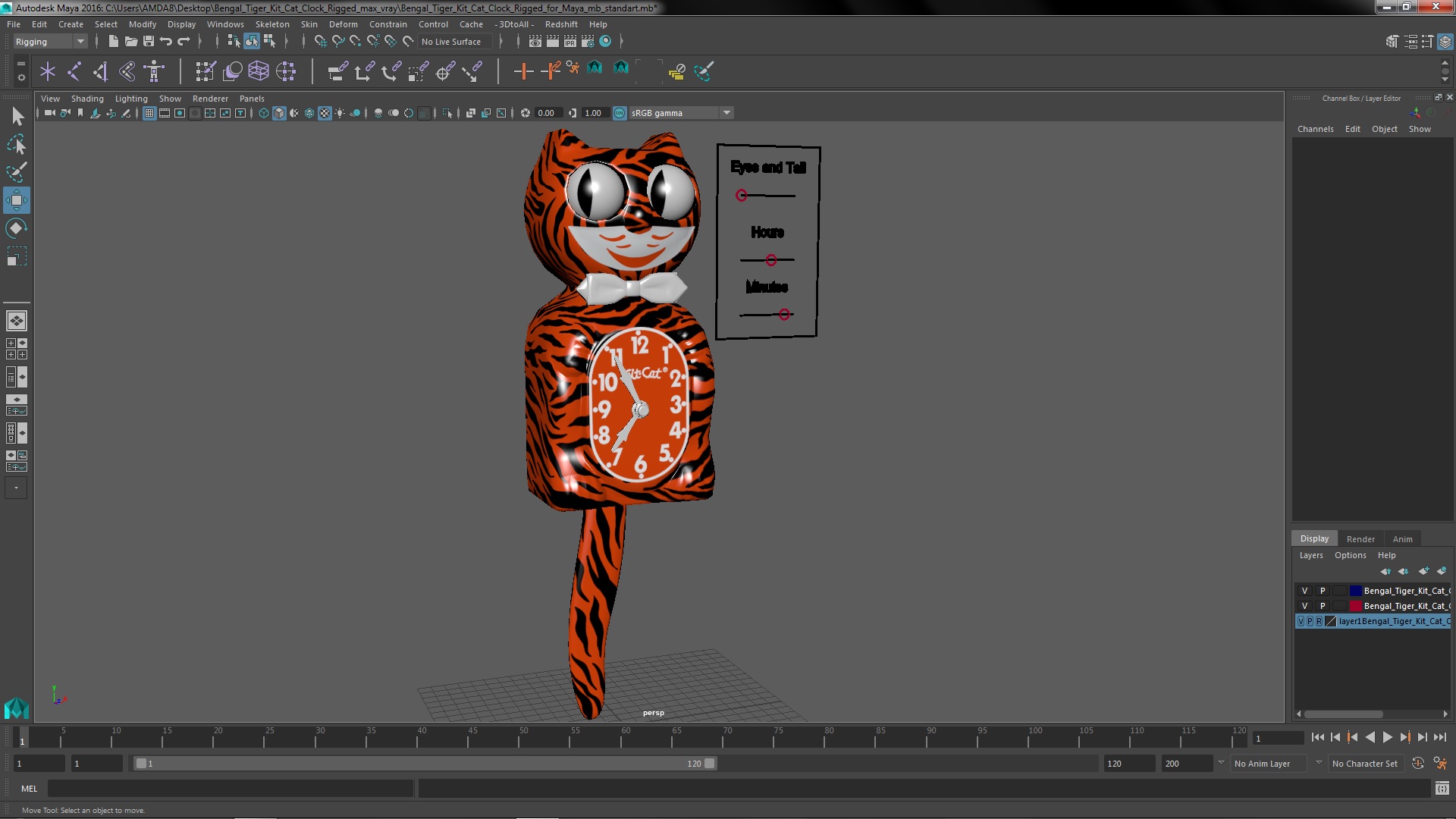 Bengal Tiger Kit Cat Clock Rigged for Maya 3D