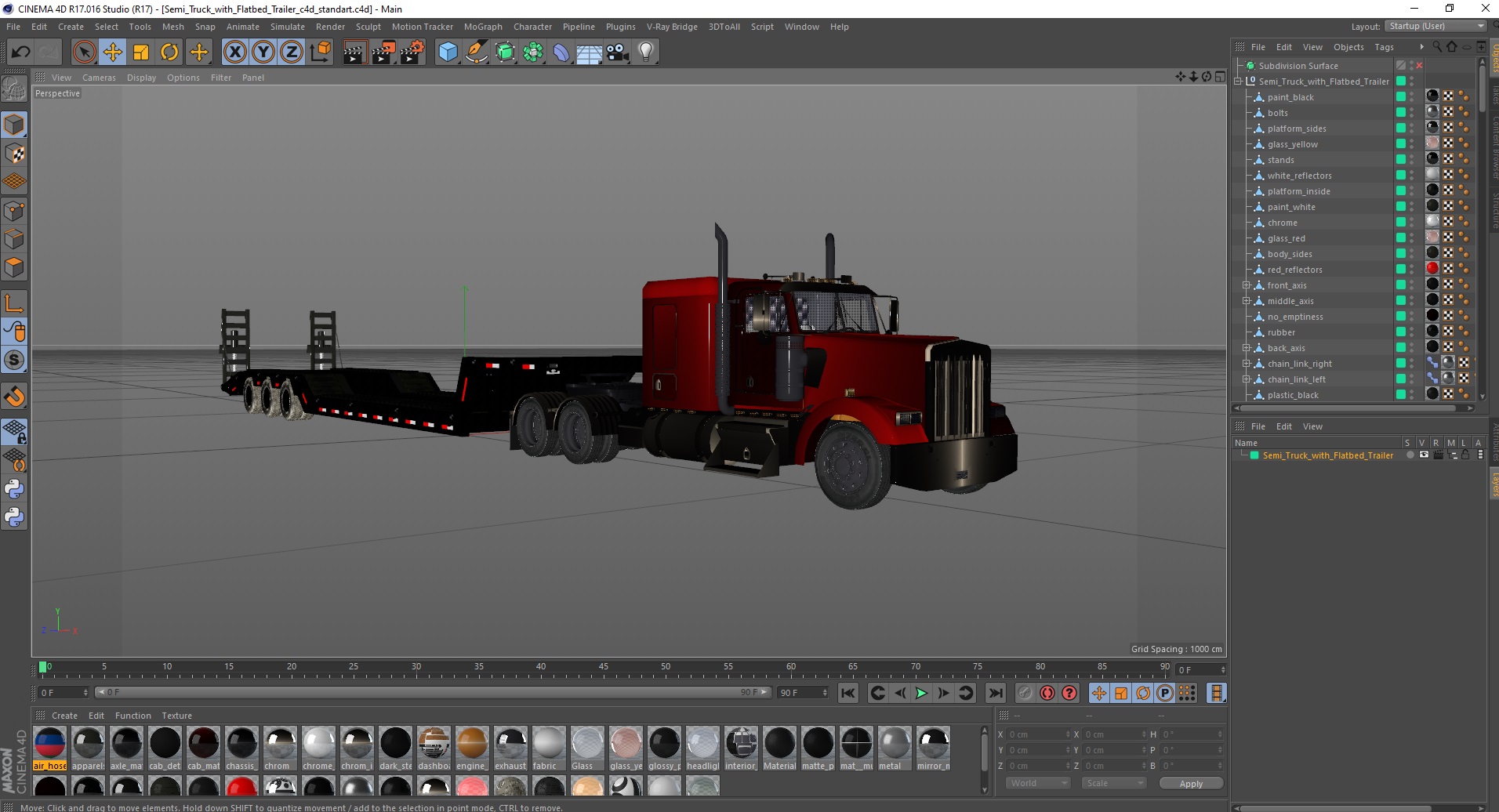 3D Semi Truck with Flatbed Trailer