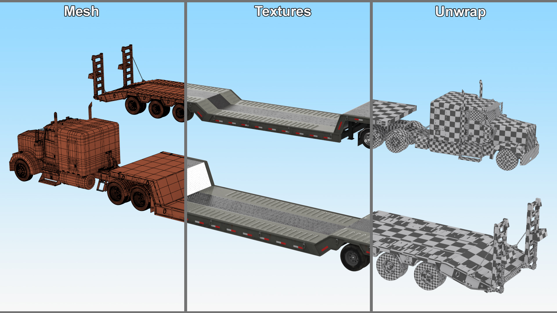 3D Semi Truck with Flatbed Trailer