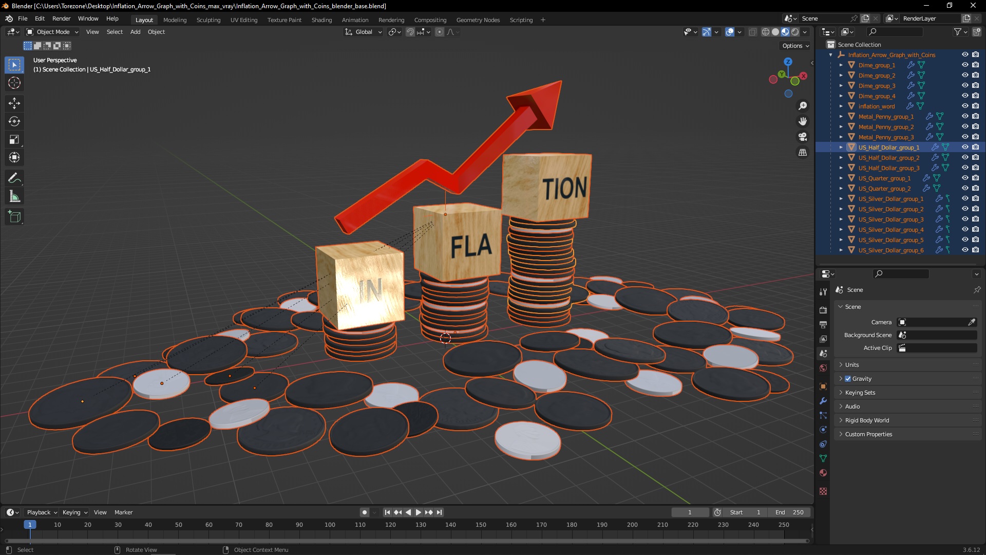 Inflation Arrow Graph with Coins 3D
