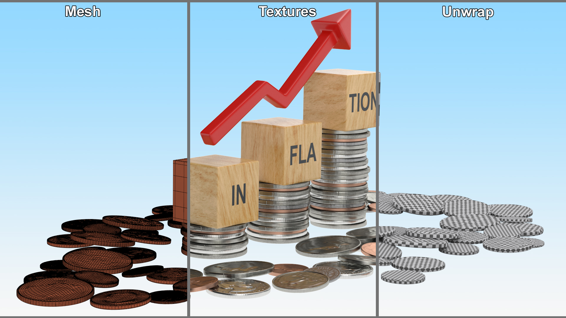 Inflation Arrow Graph with Coins 3D