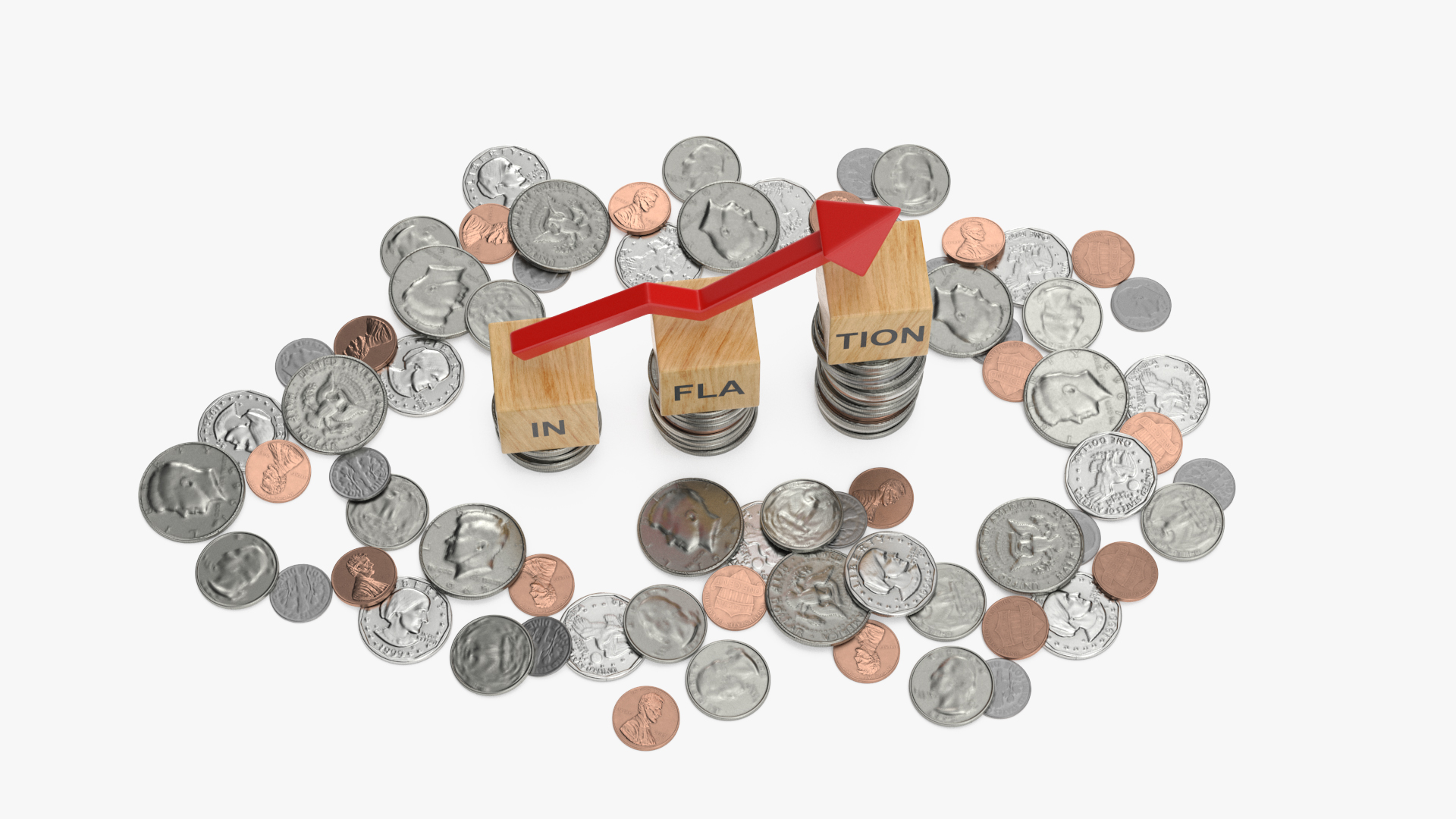 Inflation Arrow Graph with Coins 3D