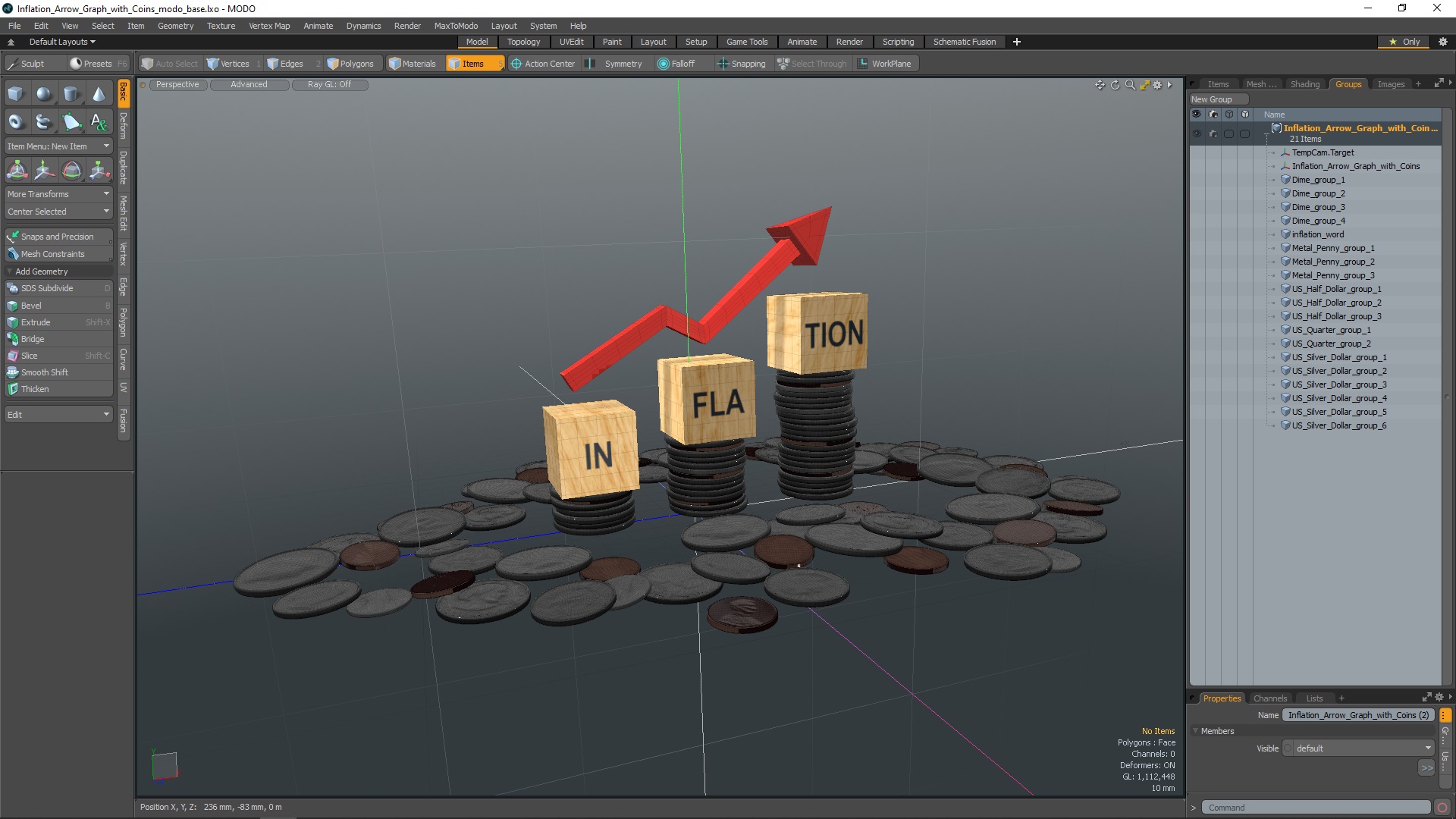 Inflation Arrow Graph with Coins 3D
