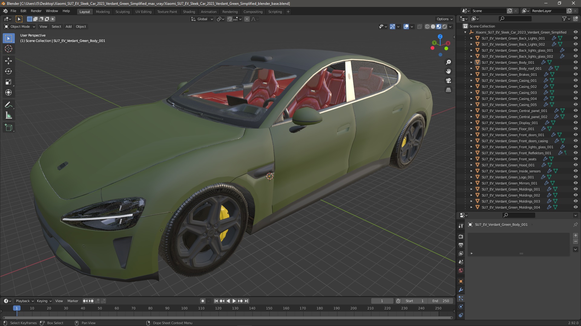 3D Xiaomi SU7 EV Sleek Car 2023 Verdant Green Simplified model