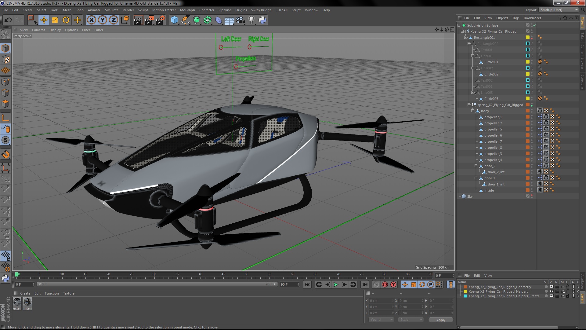 3D model Xpeng X2 Flying Car Rigged for Cinema 4D