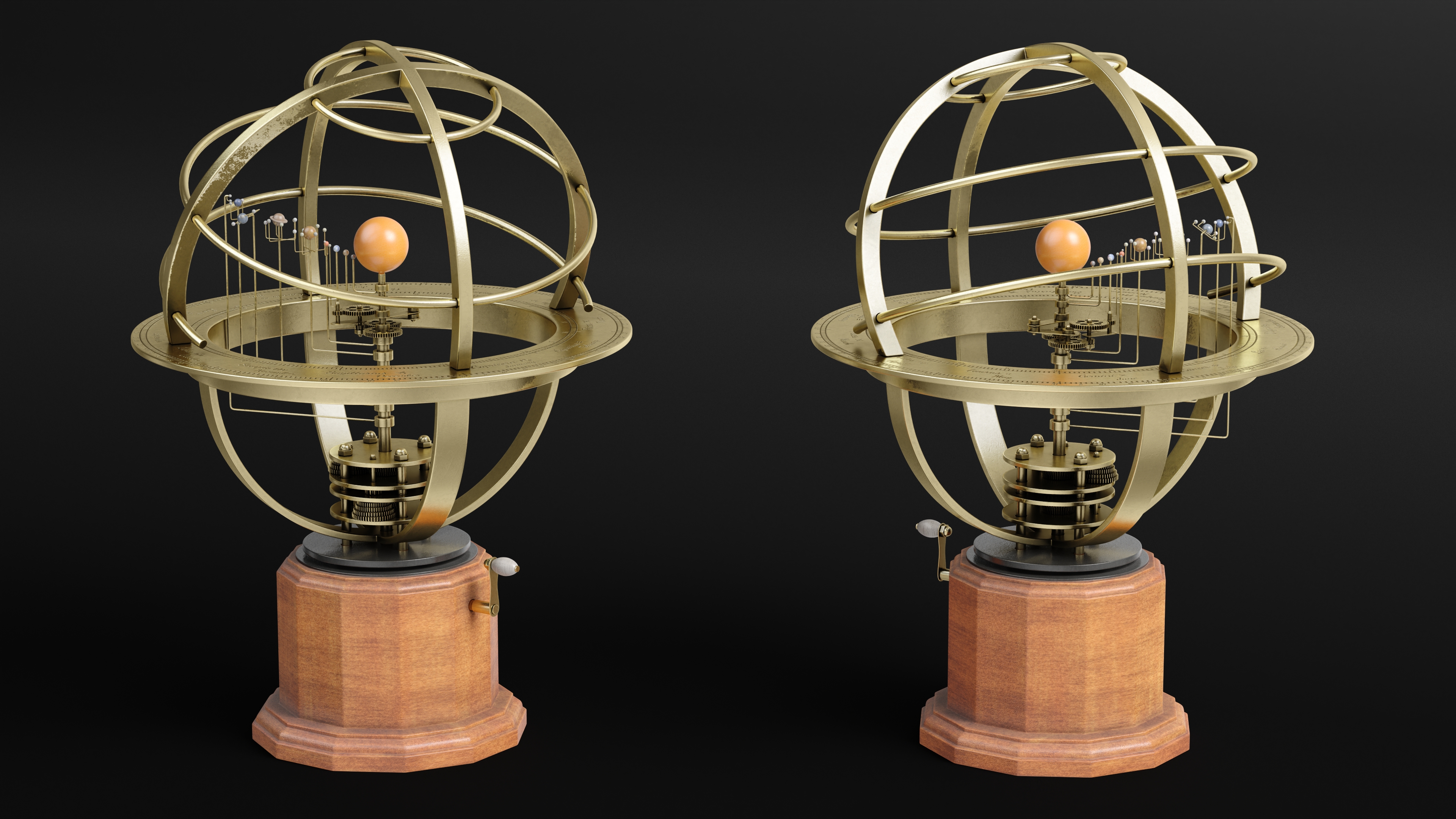 3D Retro Mechanical Solar System Orrery with Wooden Base model