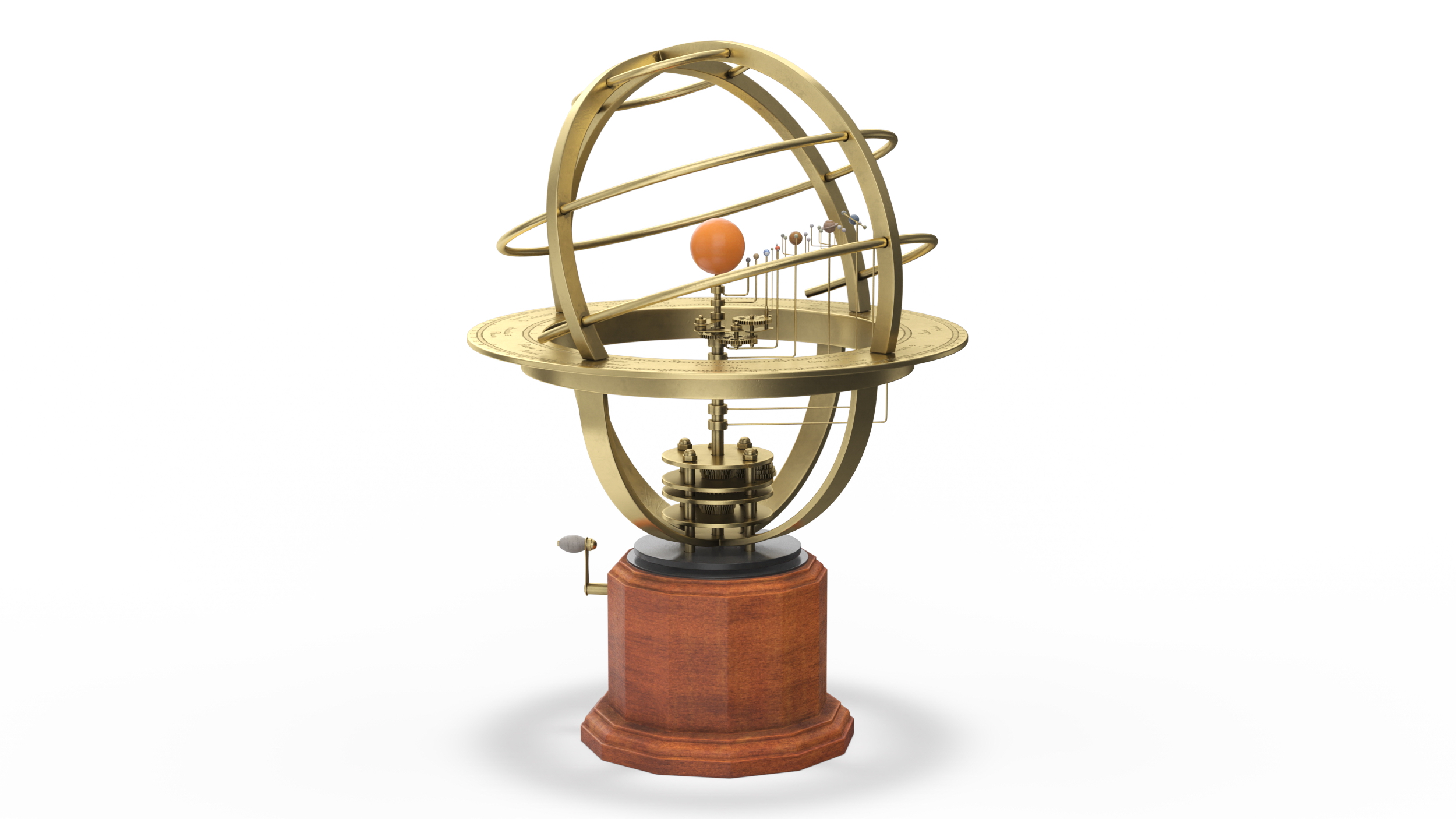 3D Retro Mechanical Solar System Orrery with Wooden Base model