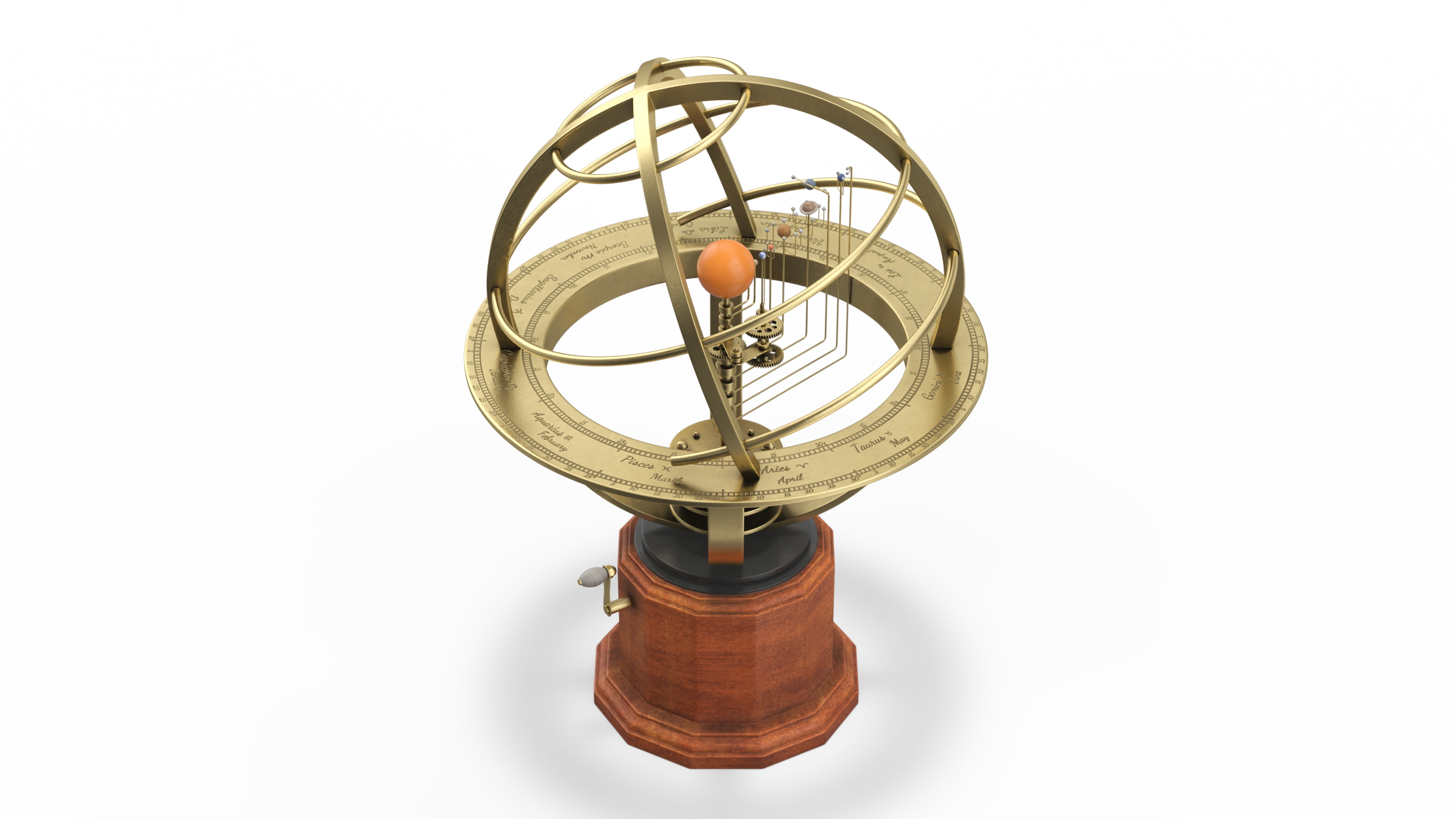 3D Retro Mechanical Solar System Orrery with Wooden Base model