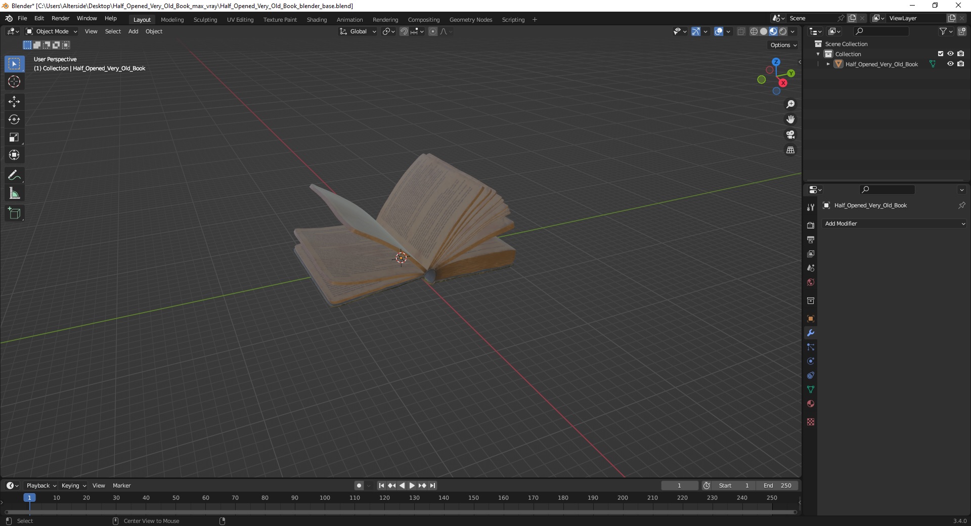 3D model Half Opened Very Old Book