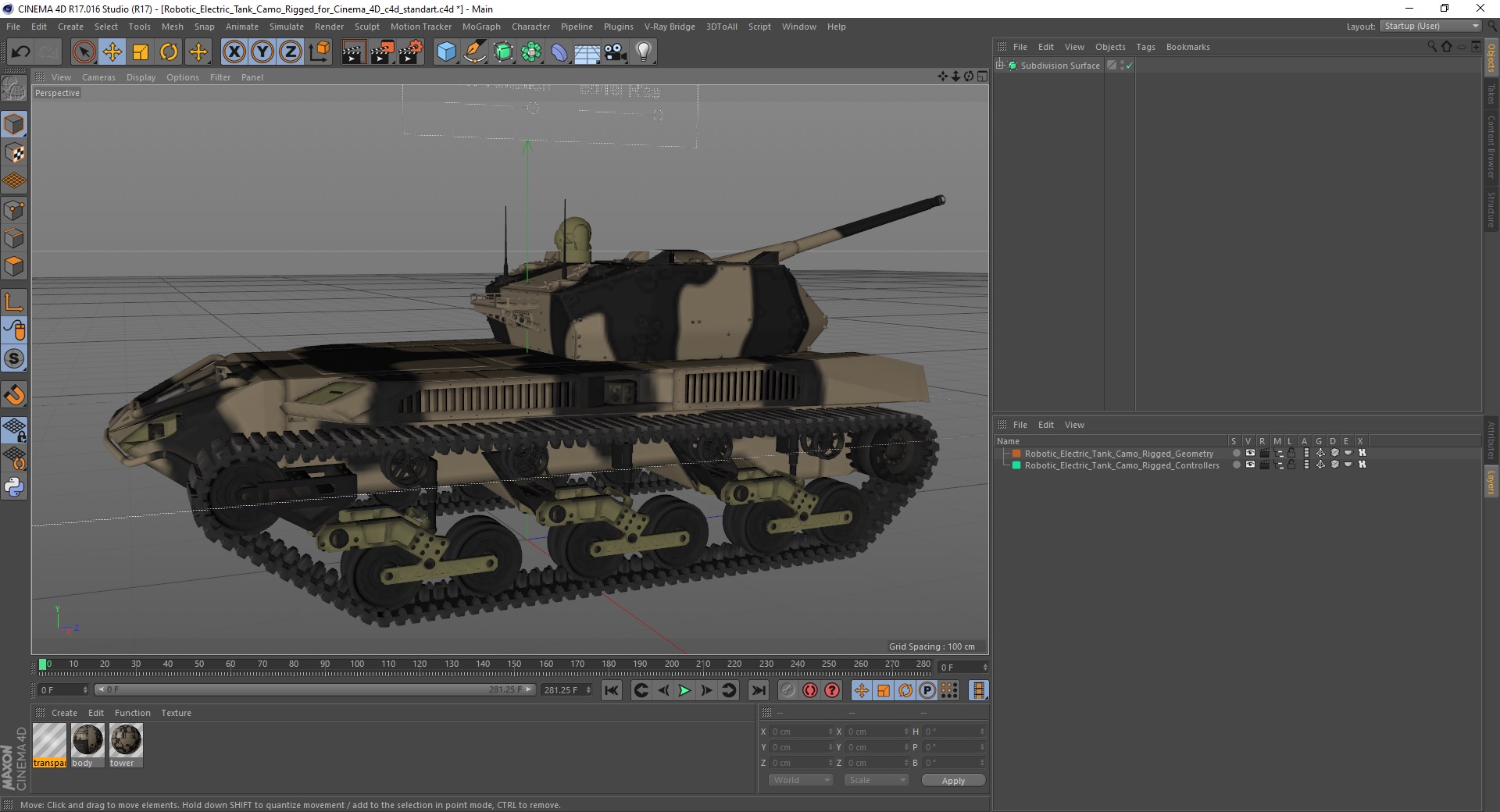 Robotic Electric Tank Camo Rigged for Cinema 4D 3D
