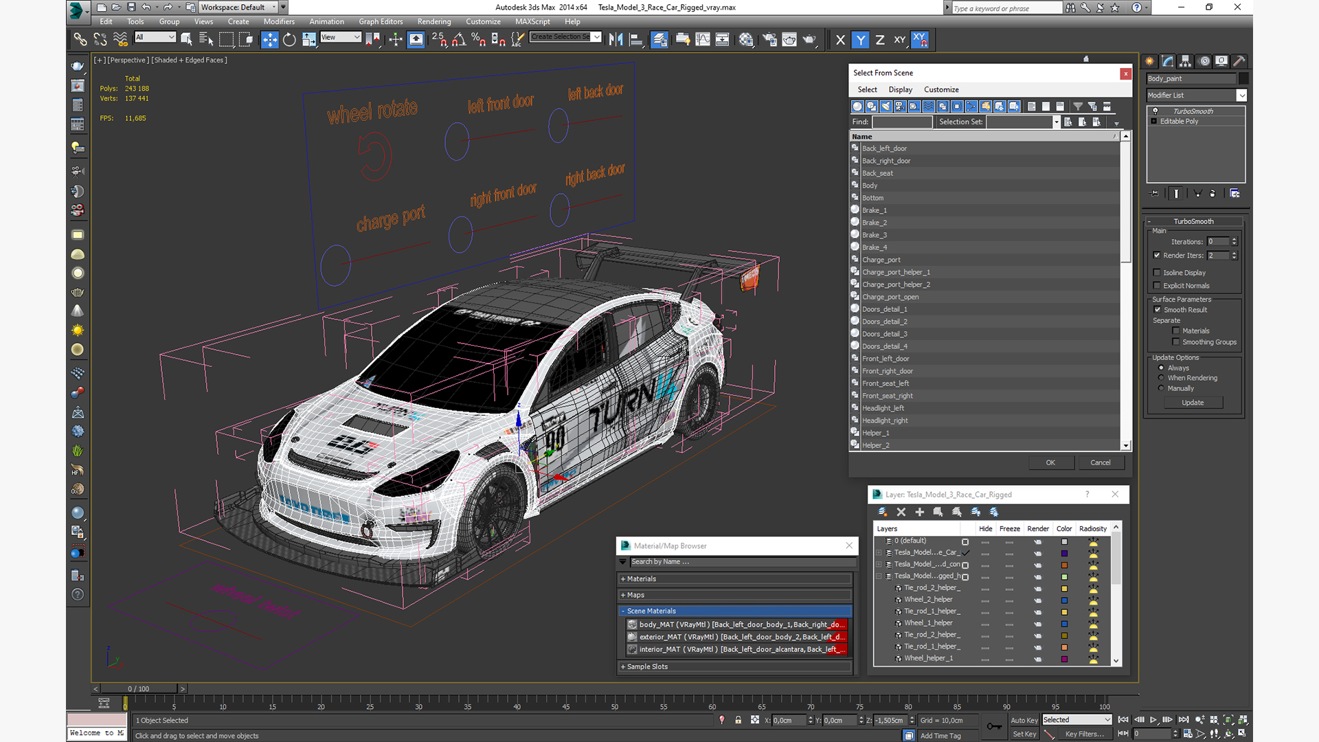 3D Tesla Model 3 Race Car Rigged for Cinema 4D model