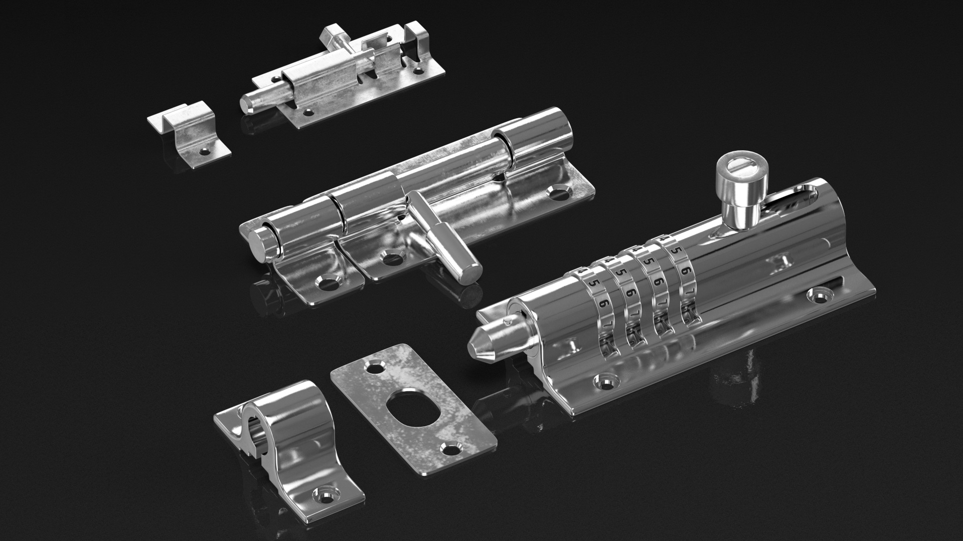 Chrome Sliding Door Locks Set 3D model