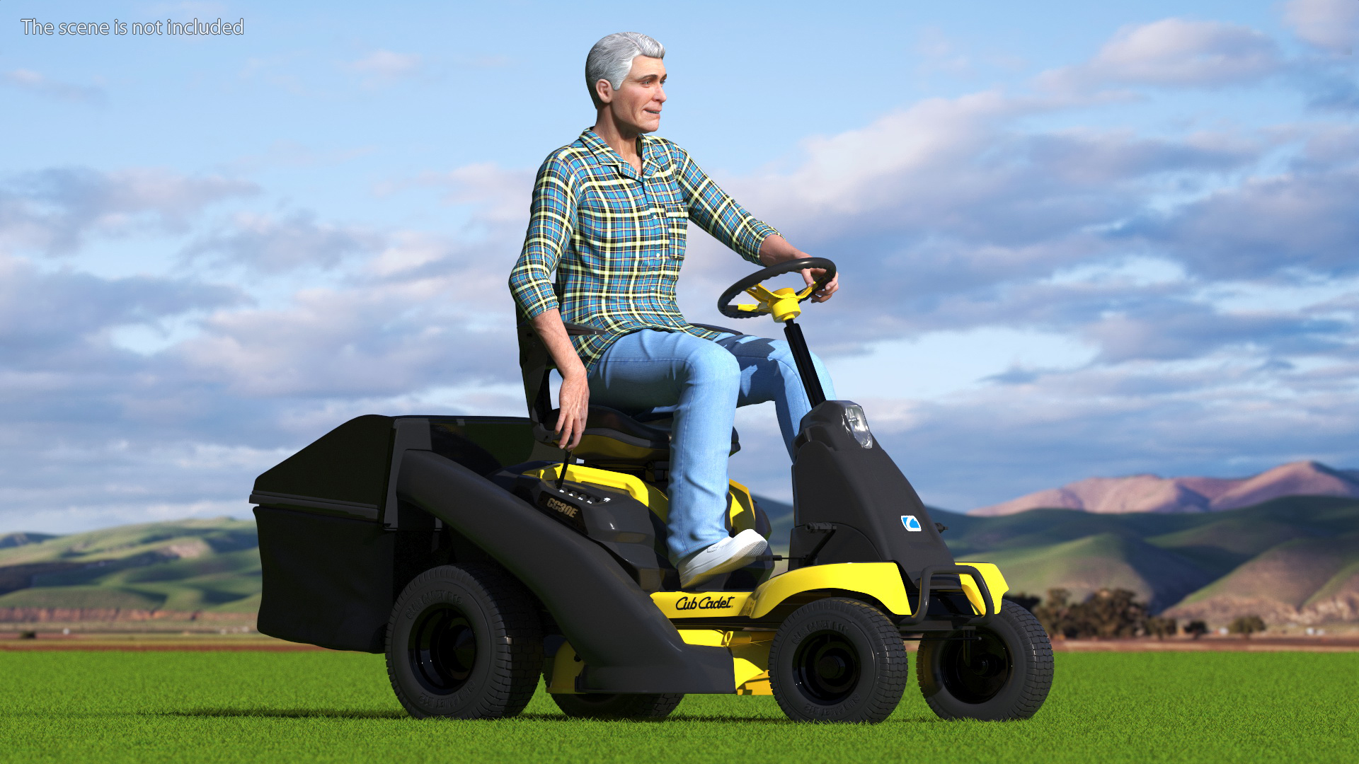Man on Riding Lawn Mower with Bagger Cub Cadet CC30E Rigged 3D model