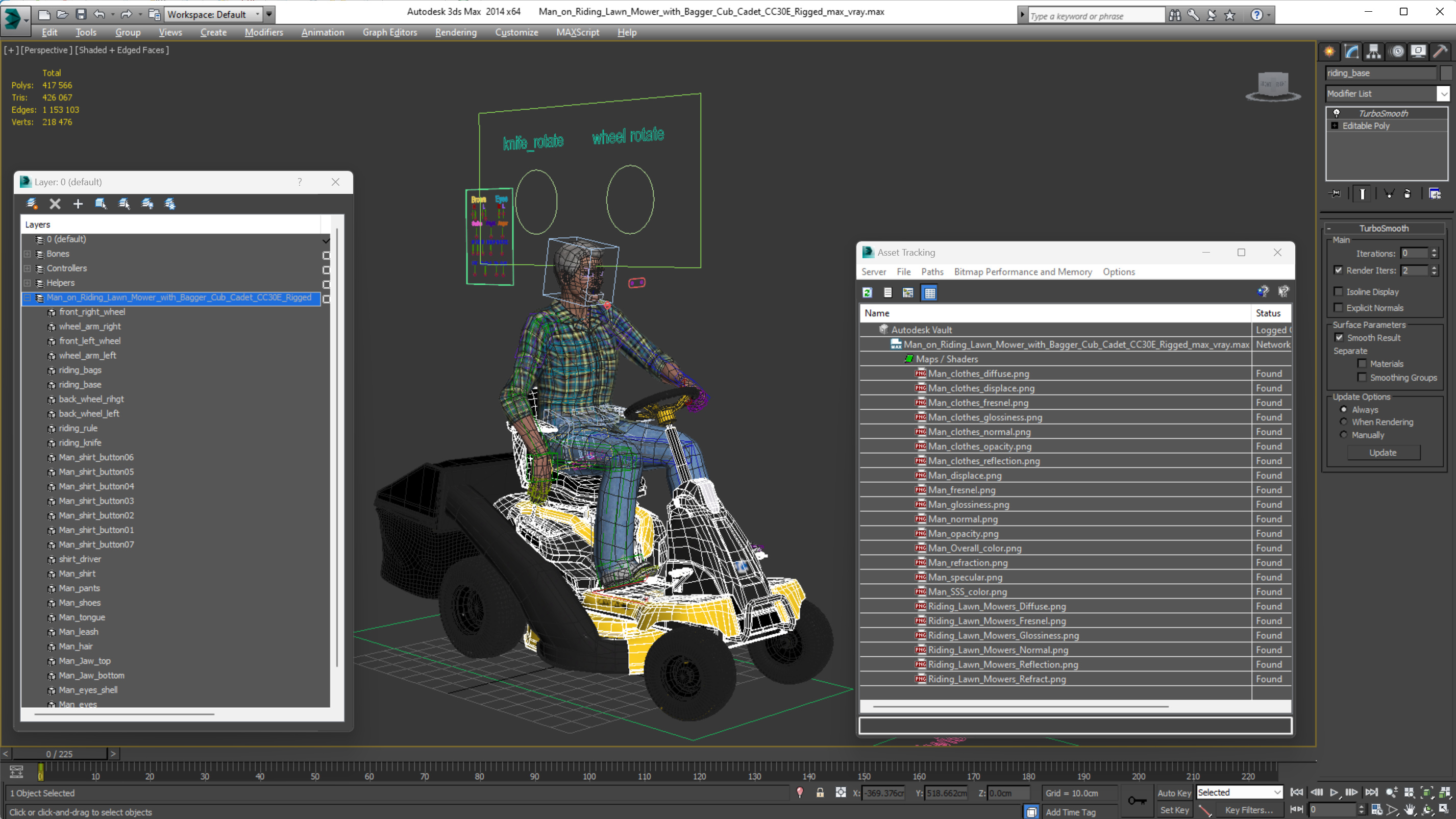 Man on Riding Lawn Mower with Bagger Cub Cadet CC30E Rigged 3D model