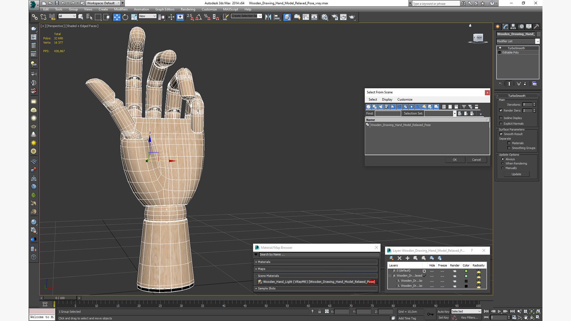 3D Wooden Drawing Hand Model Relaxed Pose model