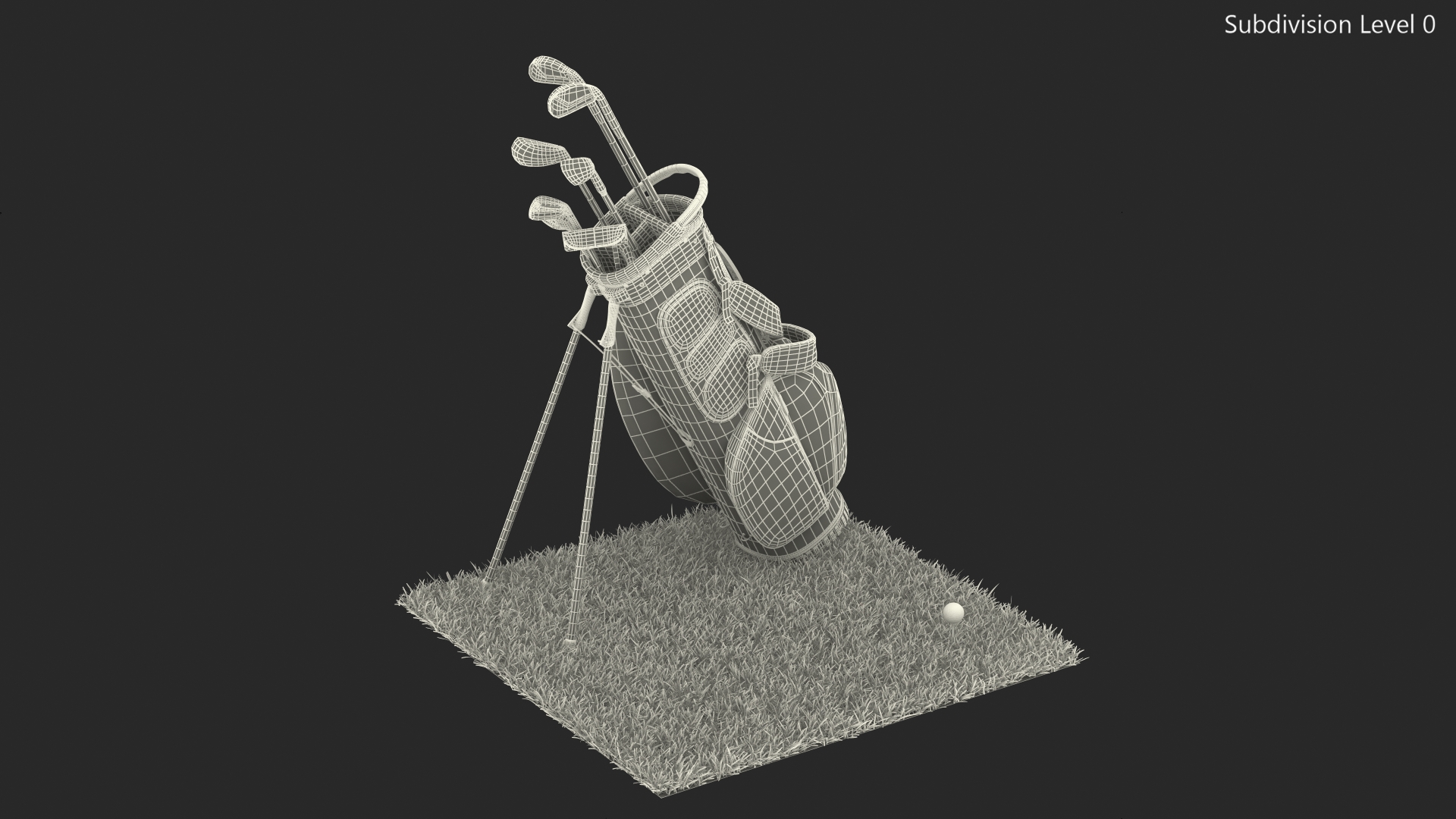 3D Golf Ball and Bag with Clubs on Lawn