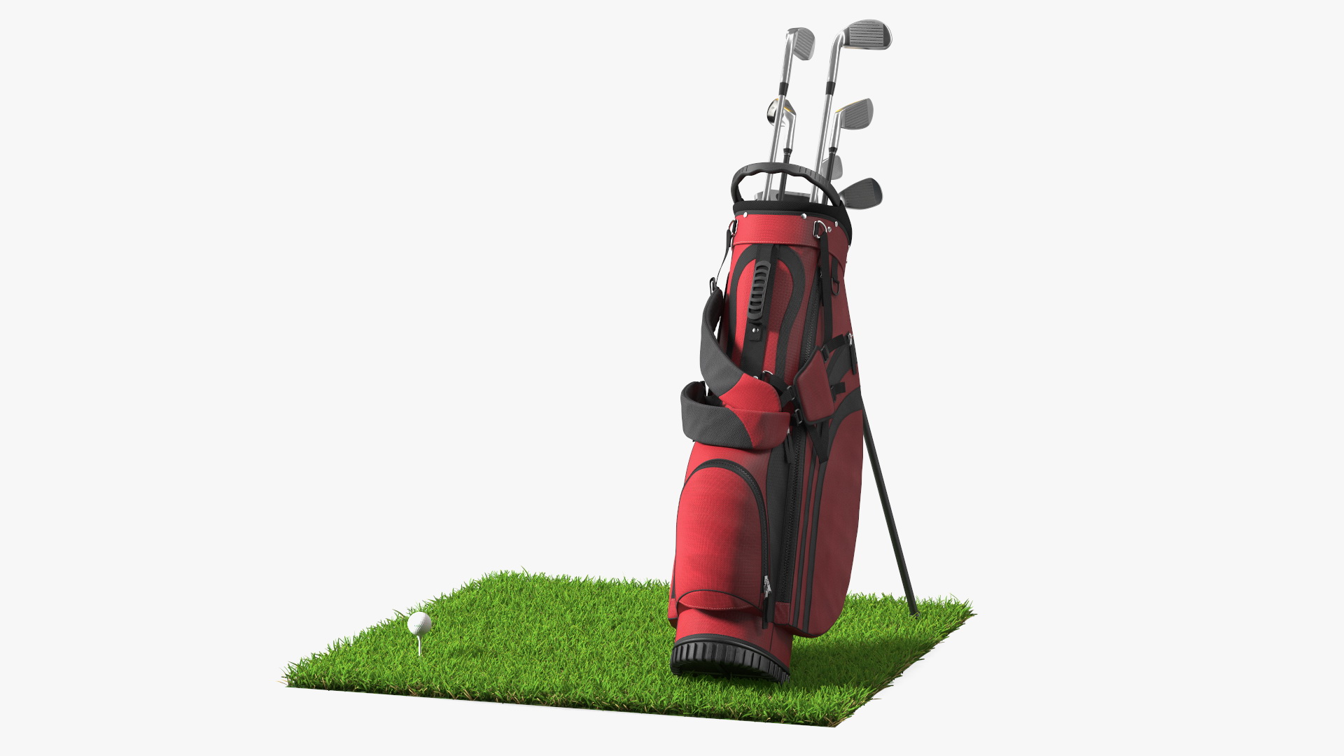 3D Golf Ball and Bag with Clubs on Lawn