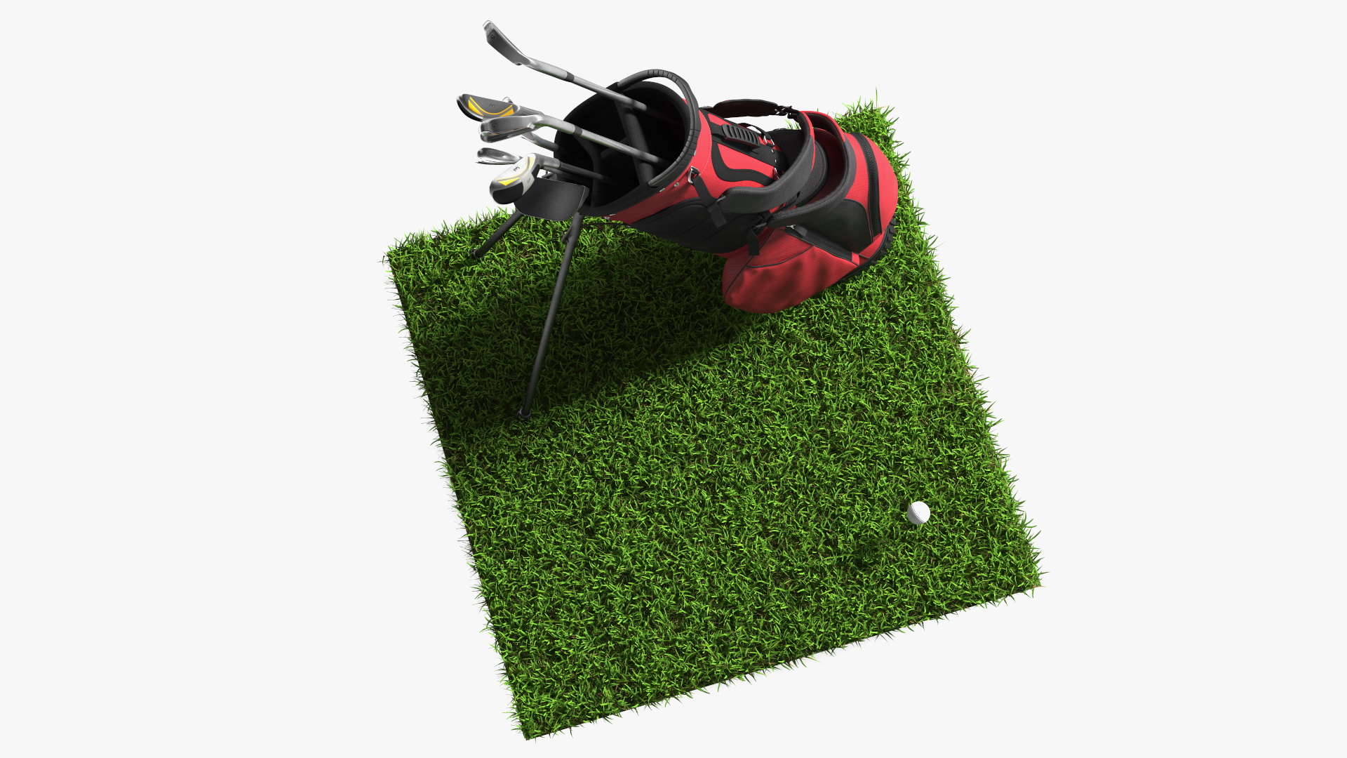 3D Golf Ball and Bag with Clubs on Lawn