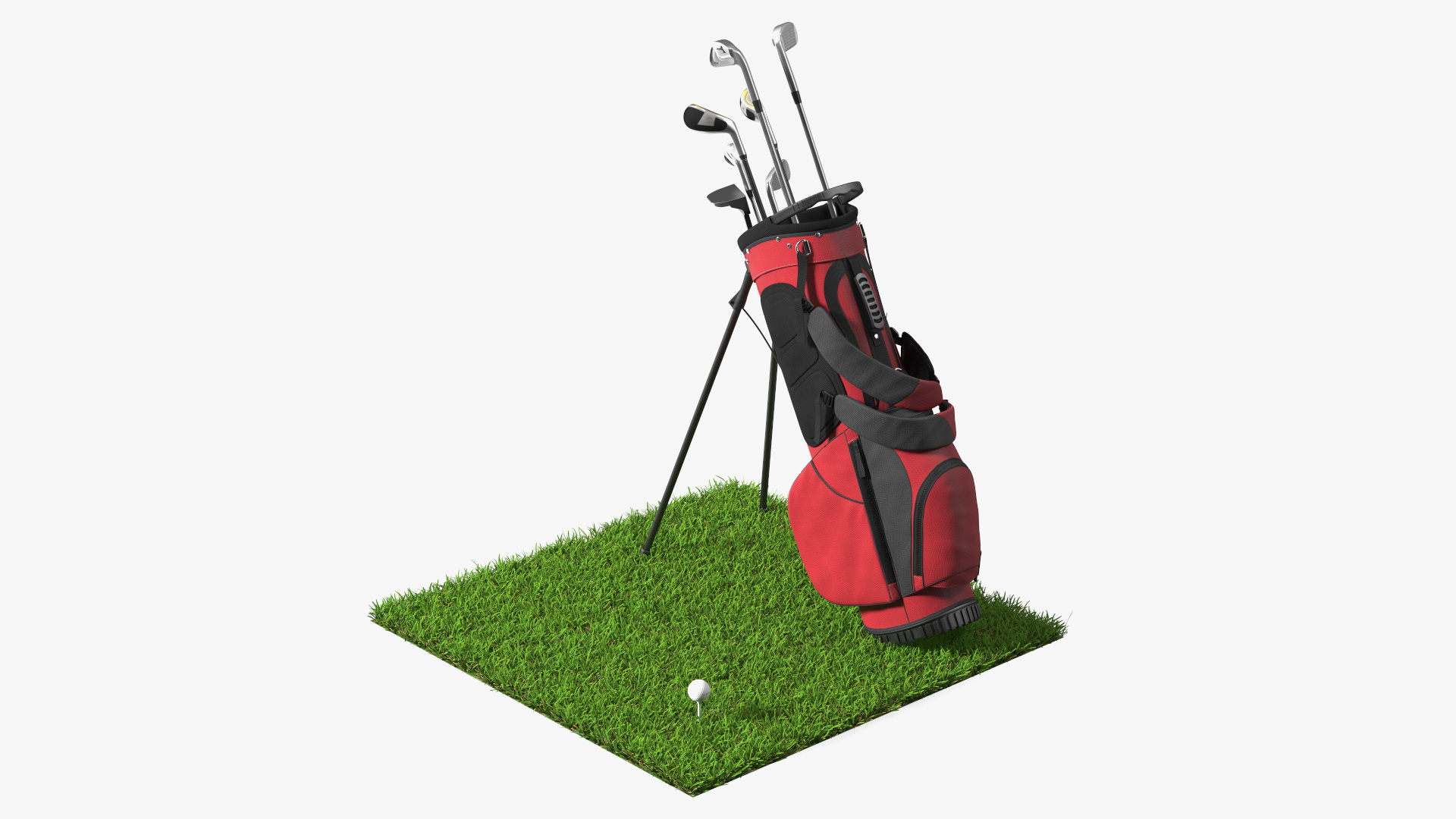3D Golf Ball and Bag with Clubs on Lawn
