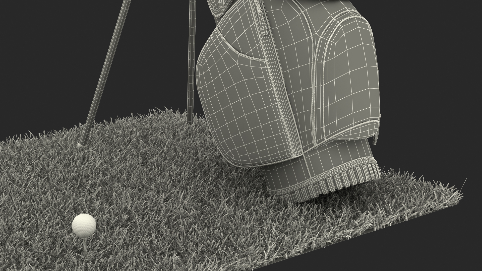3D Golf Ball and Bag with Clubs on Lawn