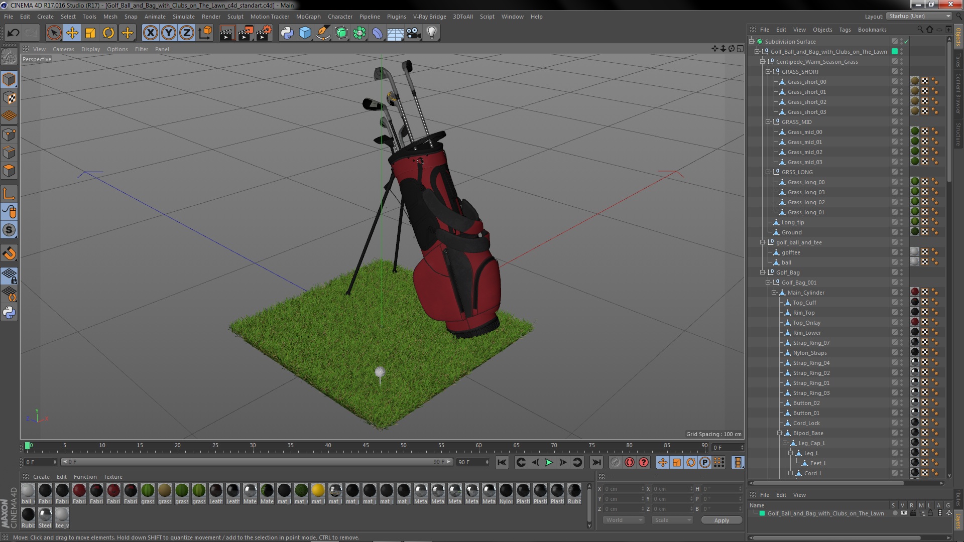 3D Golf Ball and Bag with Clubs on Lawn