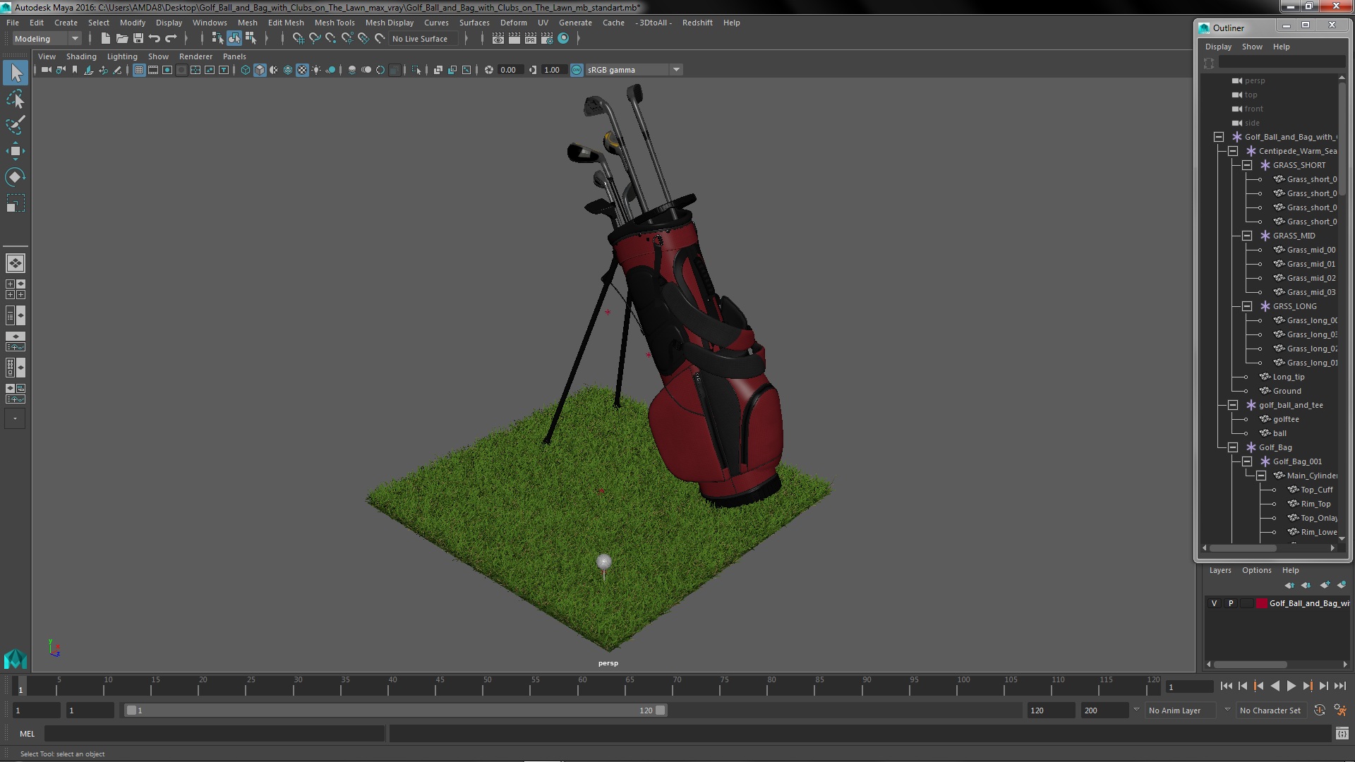 3D Golf Ball and Bag with Clubs on Lawn