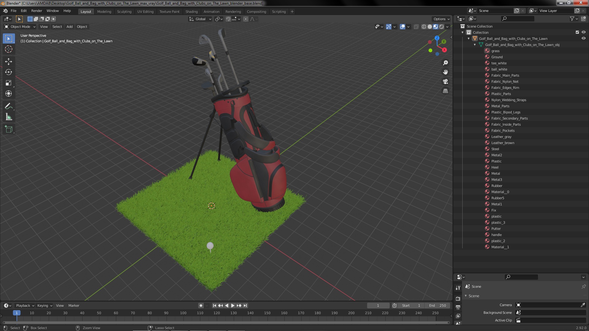 3D Golf Ball and Bag with Clubs on Lawn