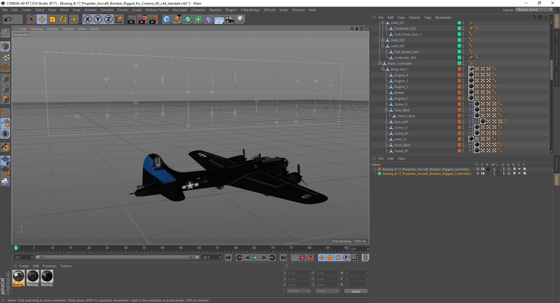 3D Boeing B-17 Propeller Aircraft Bomber Rigged for Cinema 4D model