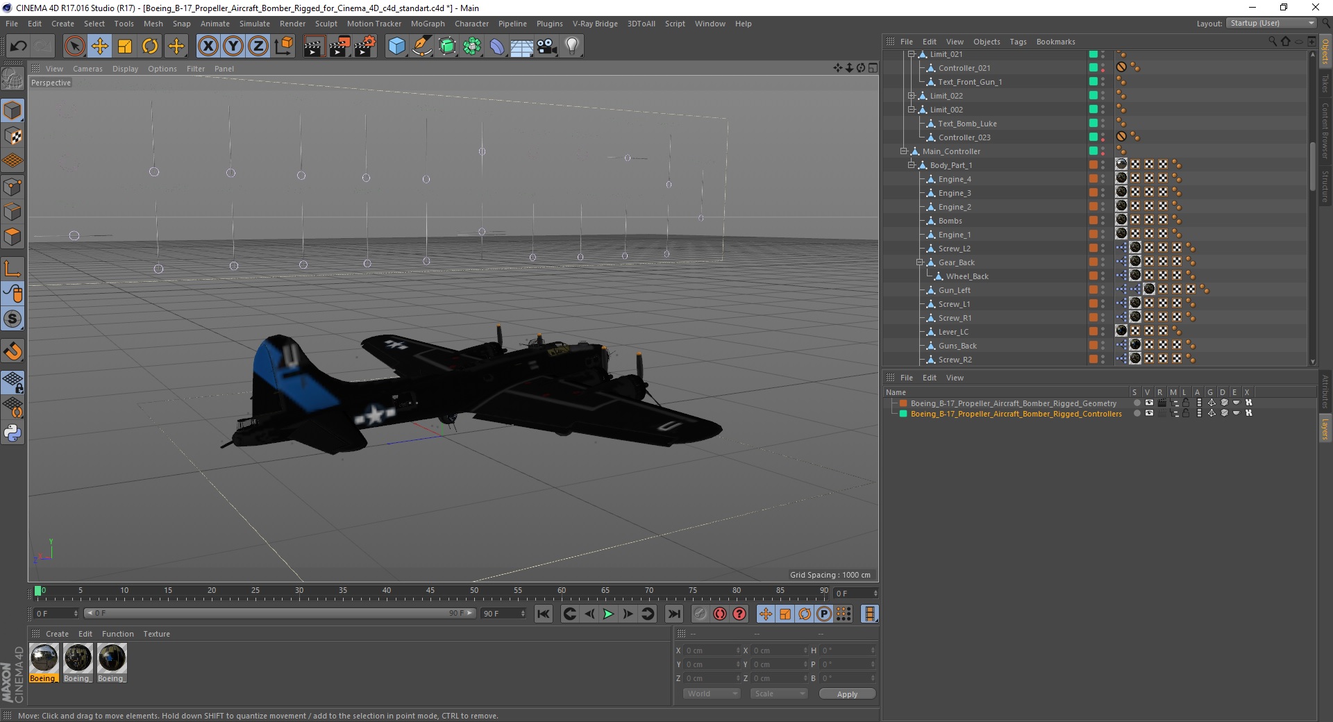 3D Boeing B-17 Propeller Aircraft Bomber Rigged for Cinema 4D model