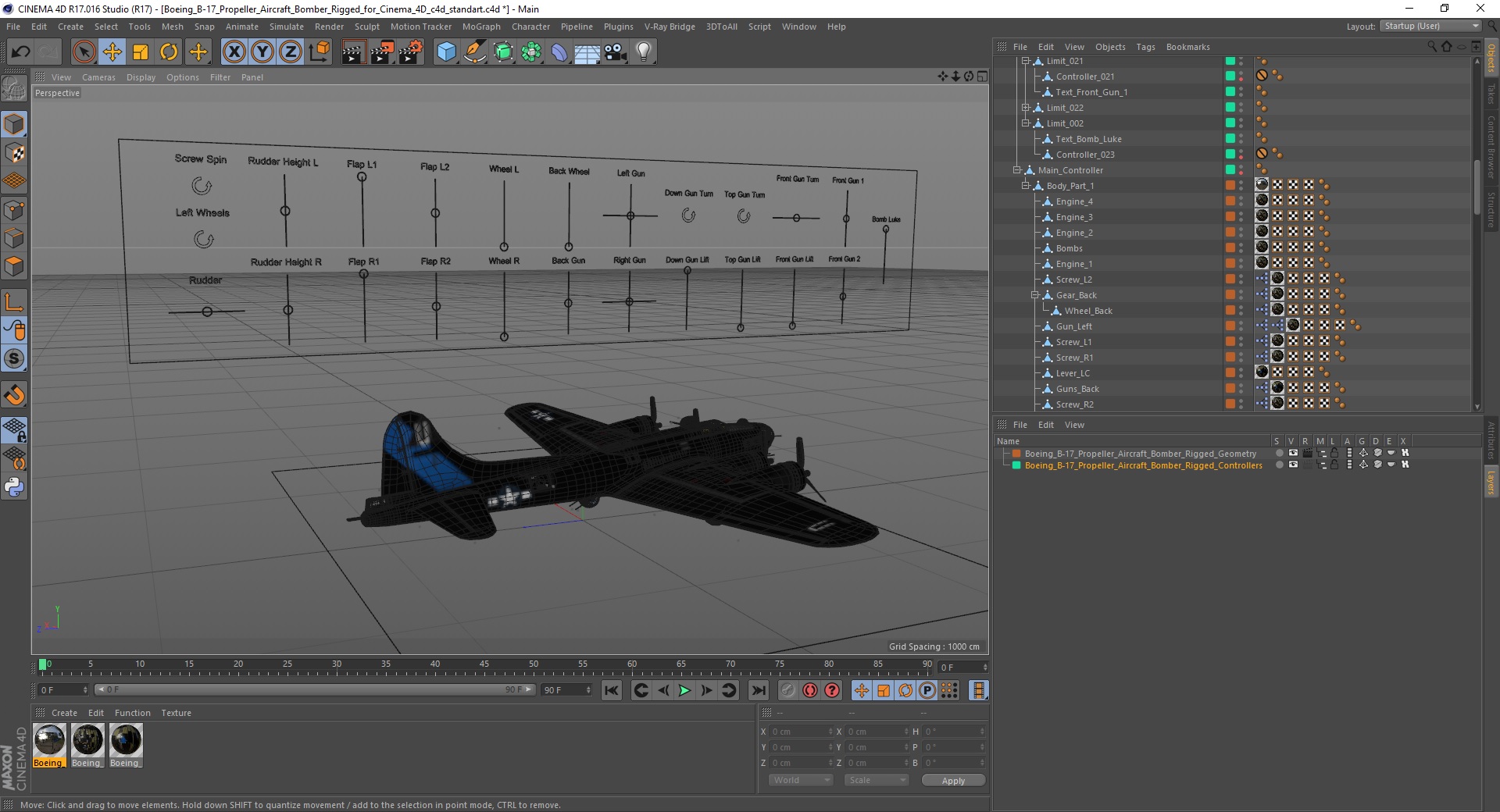 3D Boeing B-17 Propeller Aircraft Bomber Rigged for Cinema 4D model