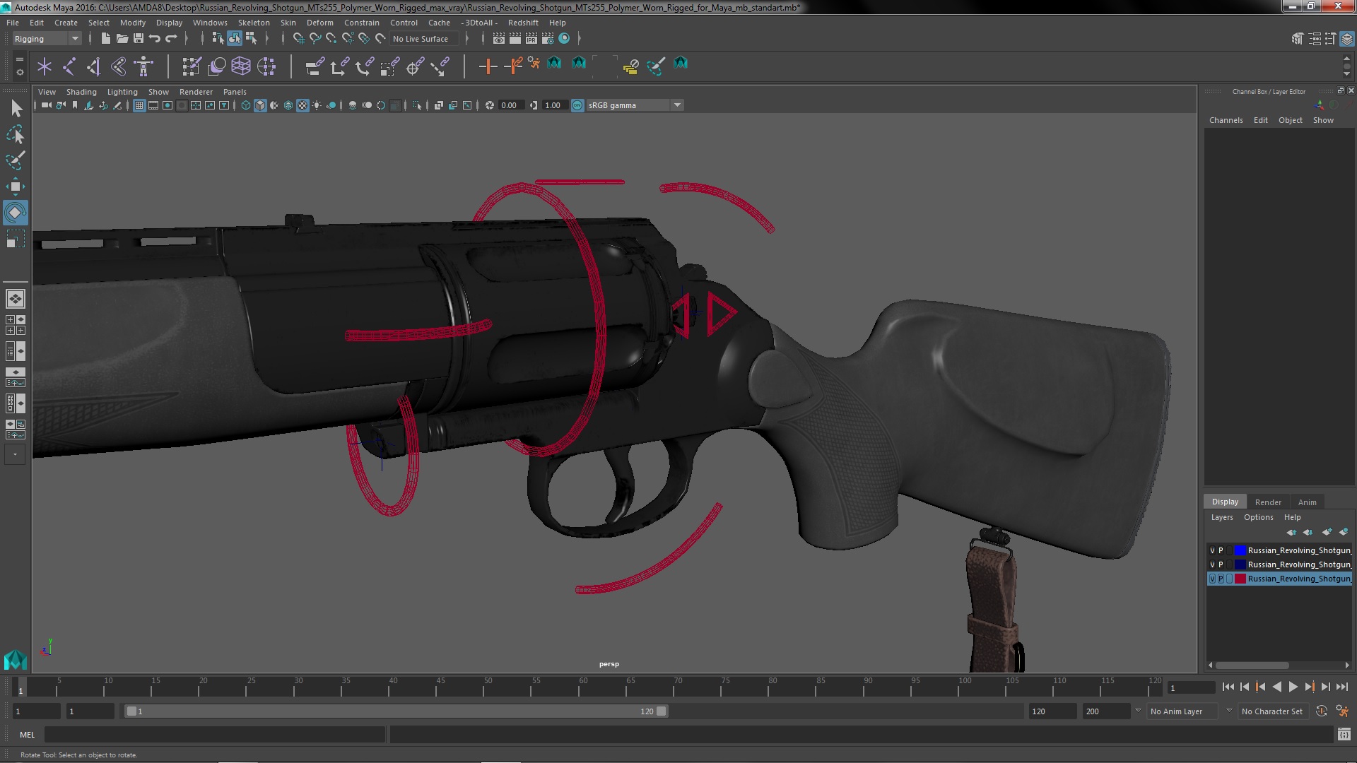 3D Russian Revolving Shotgun MTs255 Polymer Worn Rigged for Maya