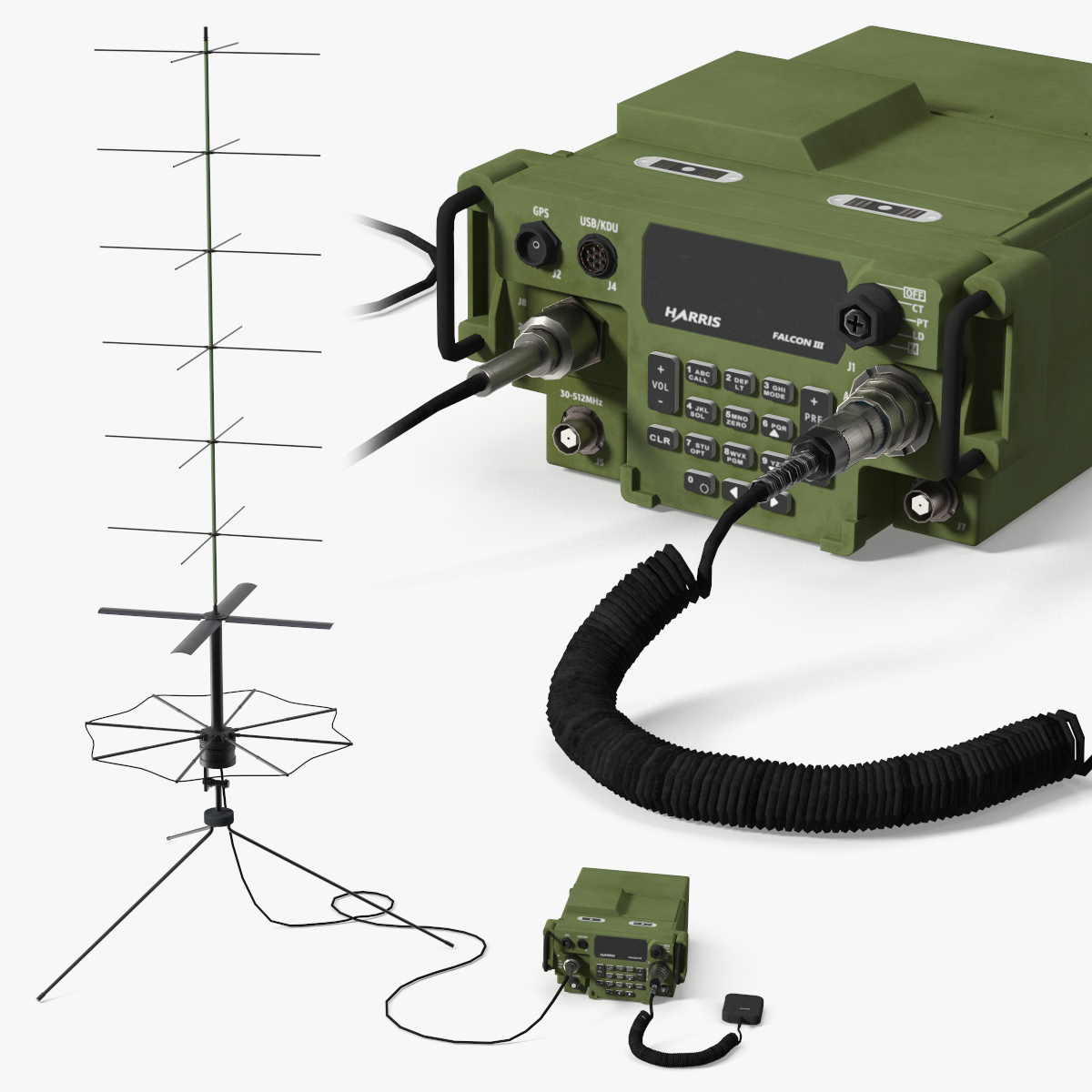 Radio AN-PRC-117G Falcon III with SATCOM Antenna Game Ready 3D model preview