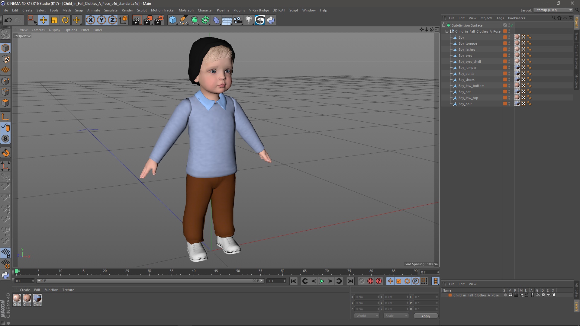 3D Child in Fall Clothes A-Pose model