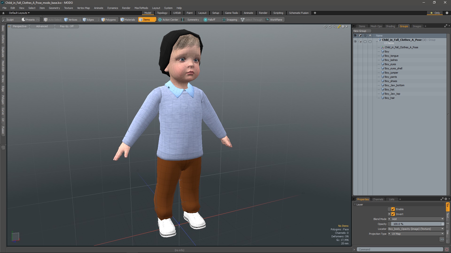 3D Child in Fall Clothes A-Pose model