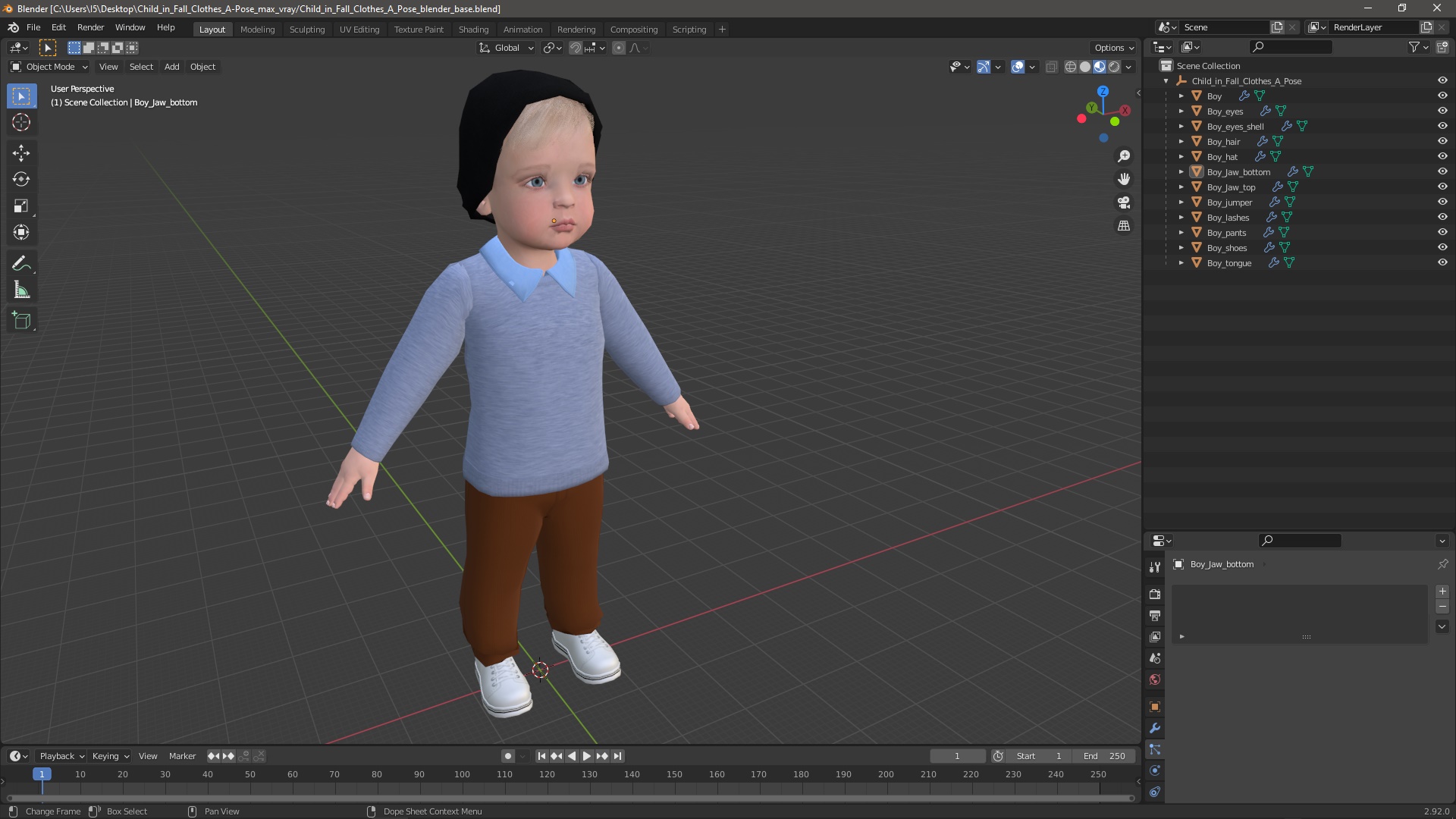 3D Child in Fall Clothes A-Pose model